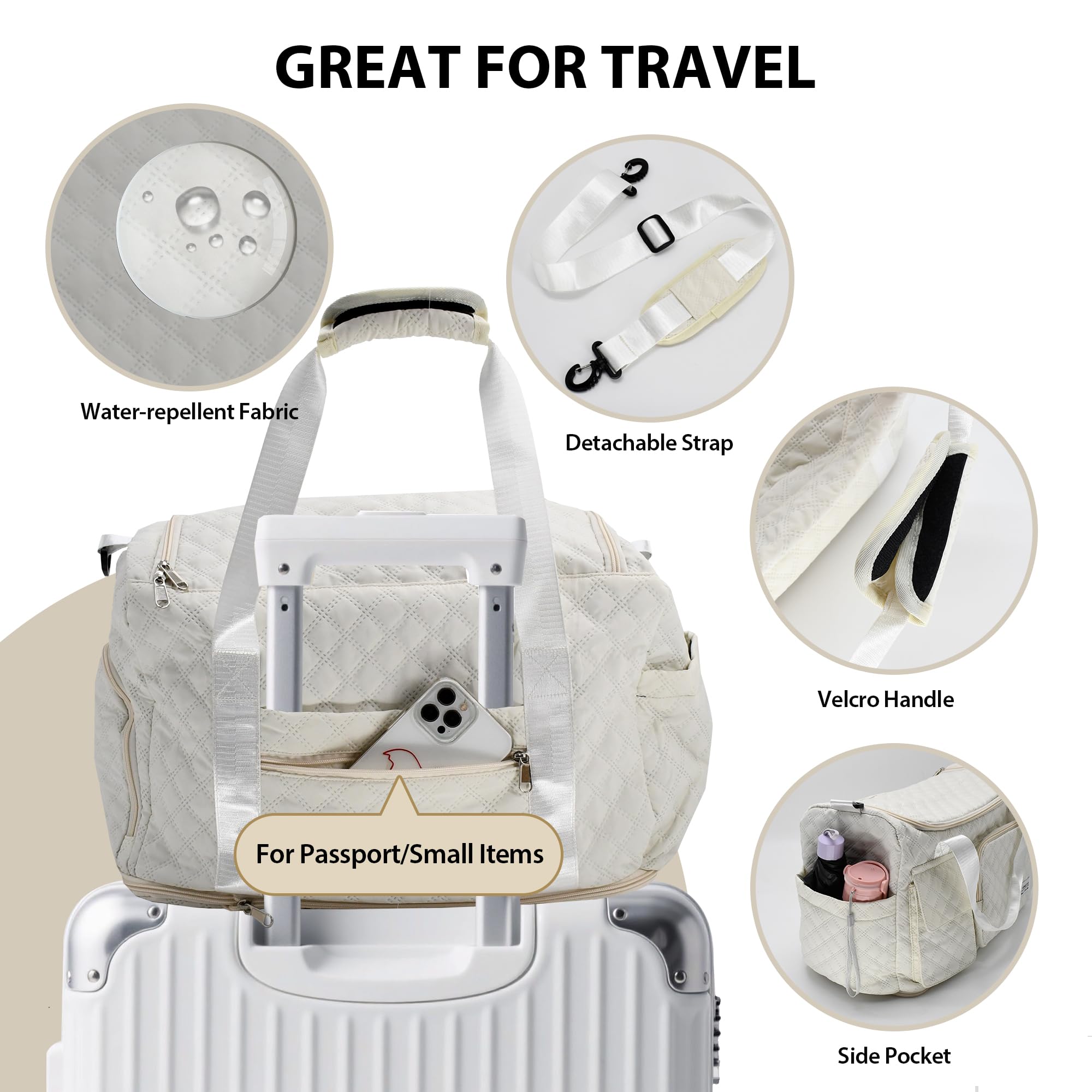 Wasserdichte Reisetasche, Wochenend-/Übernachtungstasche, mit Kultur- und Schuhfach, gesteppt, Handgepäck, Krankenhaus-Arbeitstasche, Beige, Gesteppt