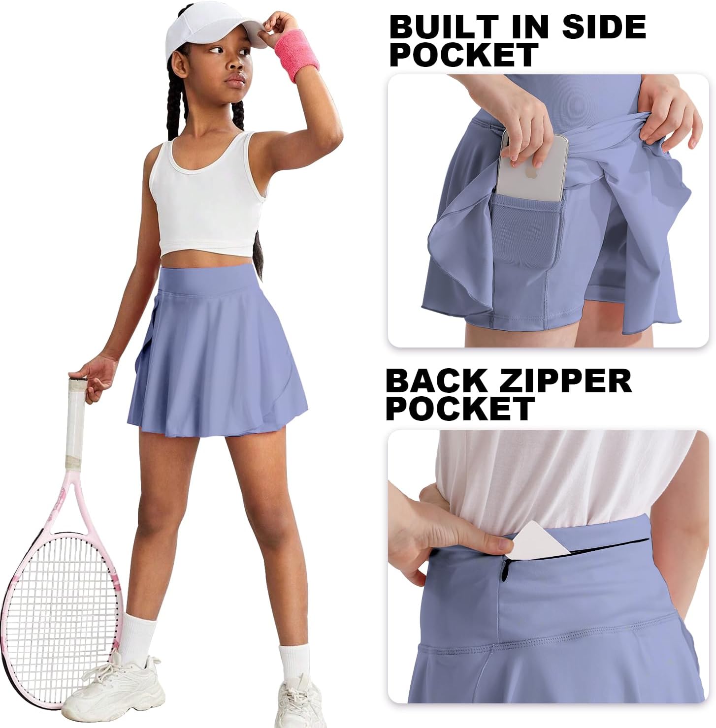 OEBLD Girls Athletic Skort High Waist Tennis Skirts with Shorts Butterfly Ruffle School Skirts with Pockets - Image 6