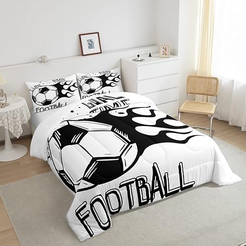 Miniatura 3 de Erosebridal Ropa de cama de fútbol individual, juego de edredón deportivo para niños y niñas, juego de edredón de videojuegos blanco y negro, juego