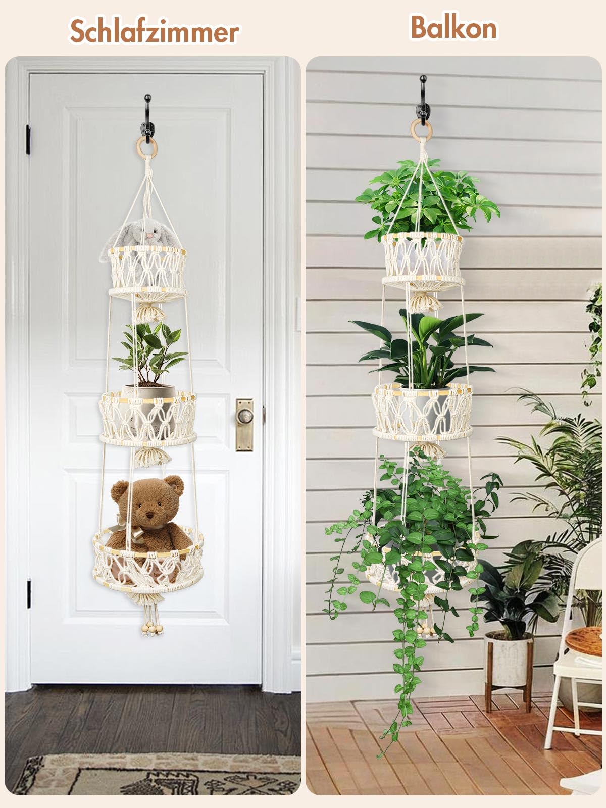 3 Stöckig Obstkorb Hängend, Bambus Hängekorb Obst, Platzsparend Obst Etagere Hängend Für Küche, Obst Aufbewahrung Hängend (120 cm)