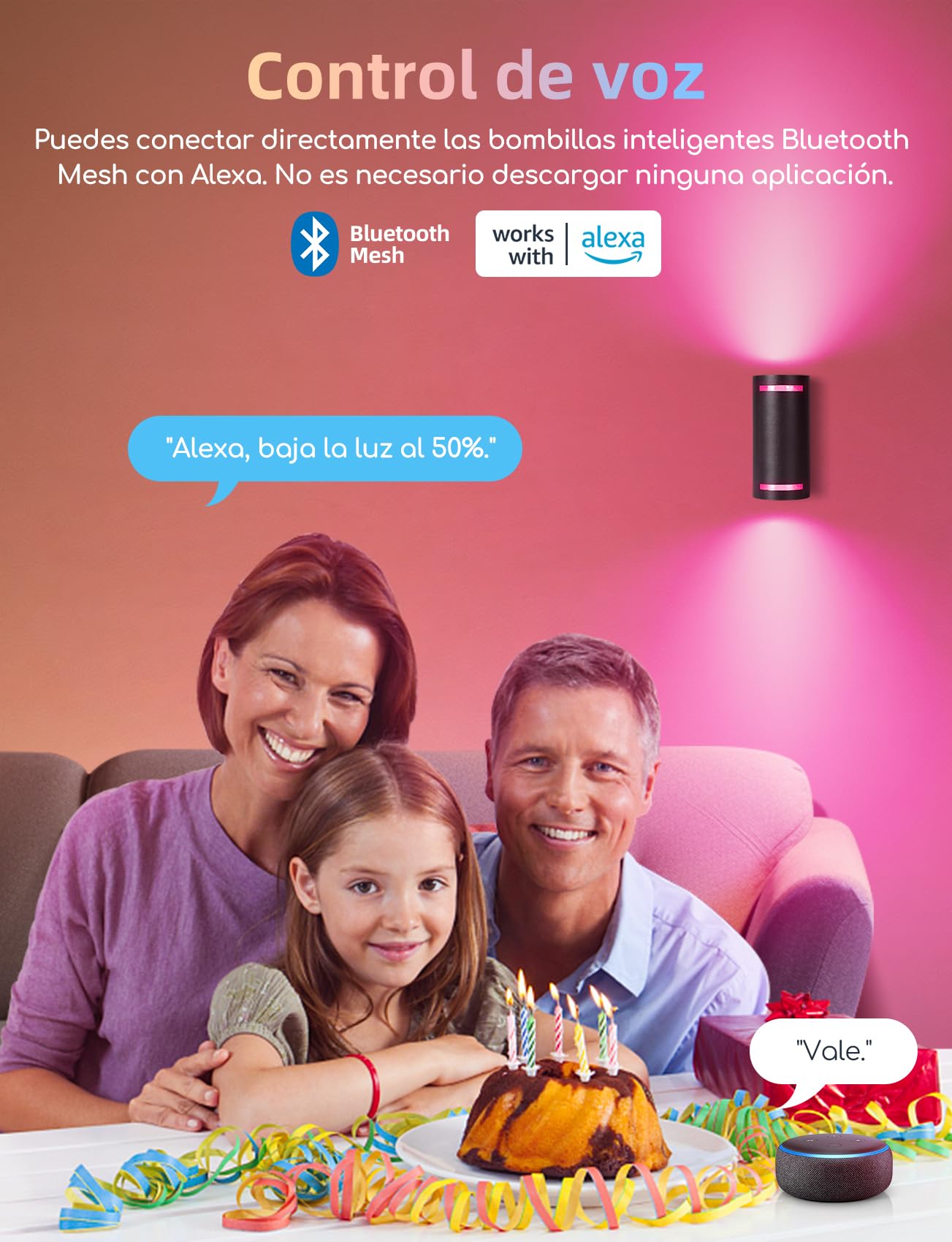 Aigostar Mesh- Bombilla inteligente Bluetooth Mesh, GU10. 2700K-6500K regulable, 6.5W, 555 LM. Bombilla LED inteligente compatible con Alexa y Google Home. Incluye mando a distancia y Gateway. 6Uds