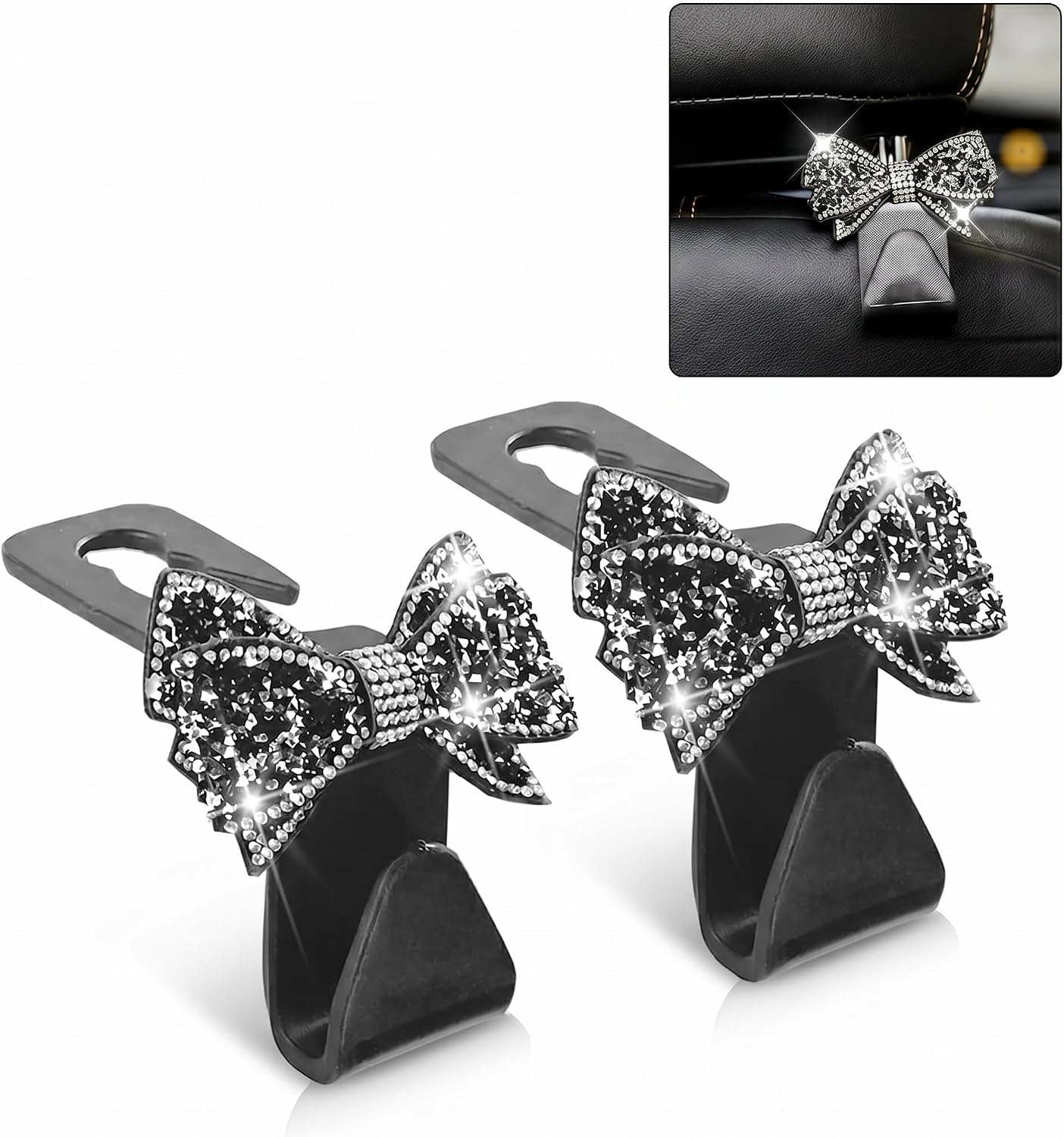 2 PCS Bling Car Seat Headrest Hooks, 3D Stereo Bow Rhinestone Decoration Hanger for Women & Girls, ABS Multi-function Hanging Hook for Purses & Bag, Interior Organizer for Car & Home (Black)