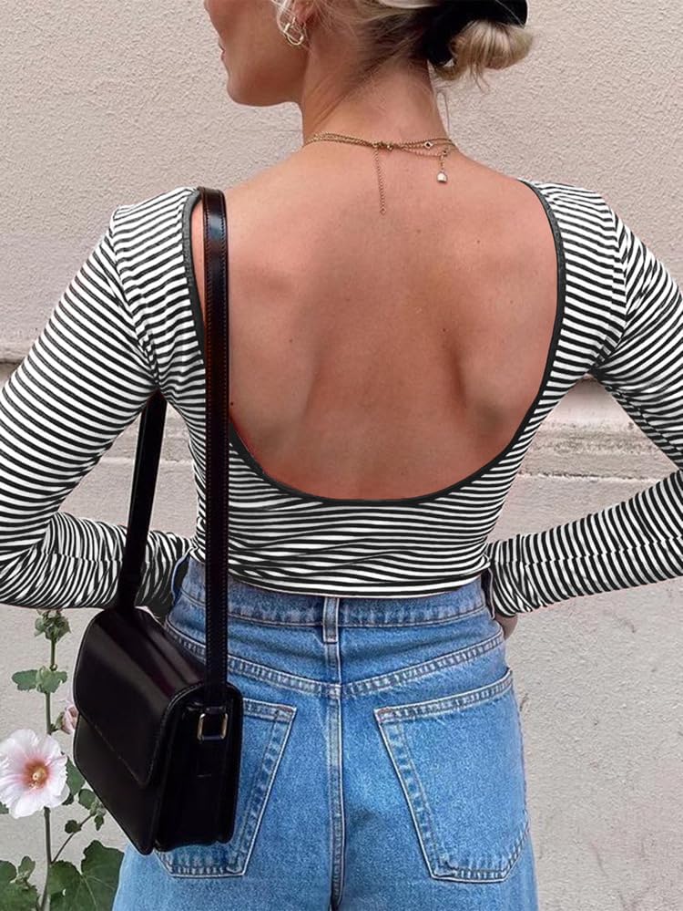 POHADON Women Sexy Backless Long Sleeve Striped Shirt Y2K Clothes Slim Fit Open Back Going Out Tees Trendy Crop Tops - Image 5