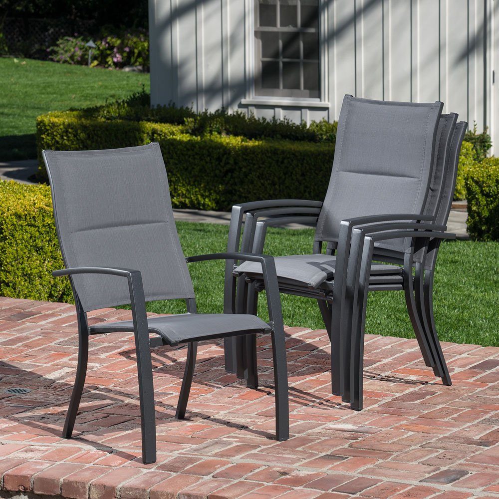Hanover Naples 7 High-Back Stackable Sling Chairs | Modern, Comfortable, Weather-Resistant, Grey