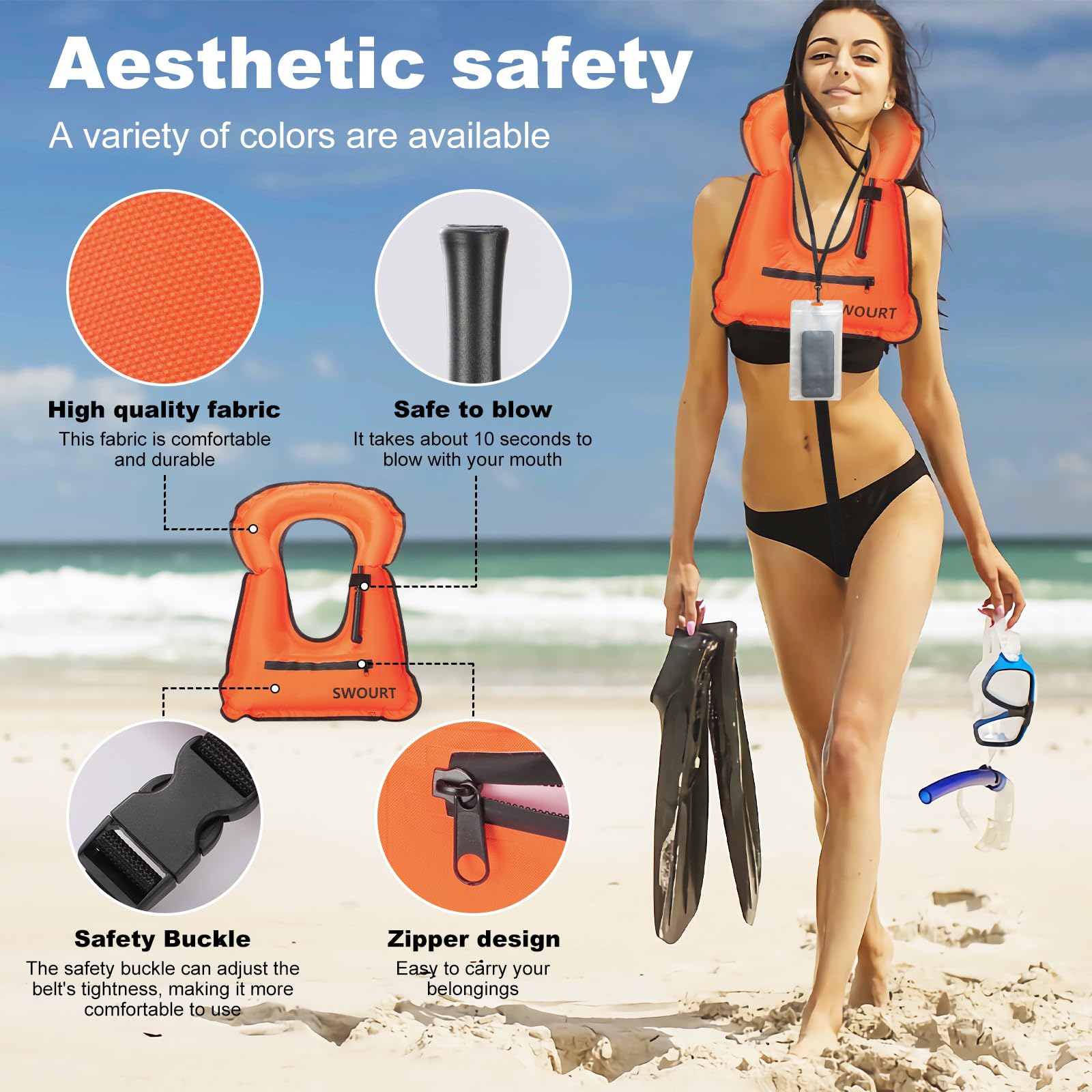 Aufblasbare Schnorchelweste, kostenloses Tauchen Schwimmen Sicherheit Last bis zu 220 Ibs-Mit wasserdichter Tasche
