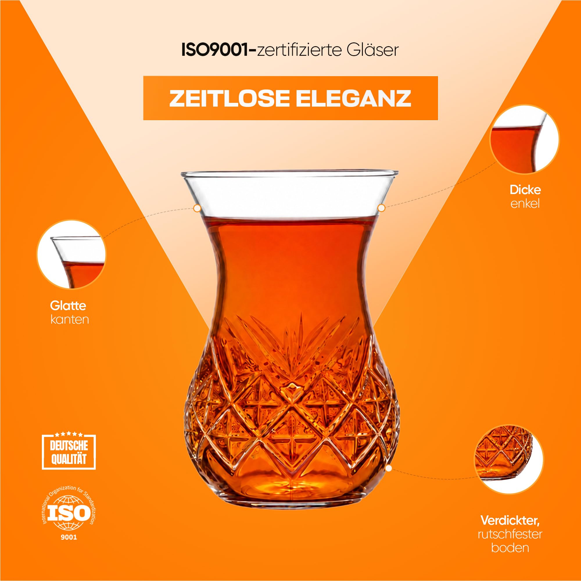 NORDIC SCHILLER – 12 bicchieri da tè turchi con piattini, 170 ml, servizio elegante per 6 persone