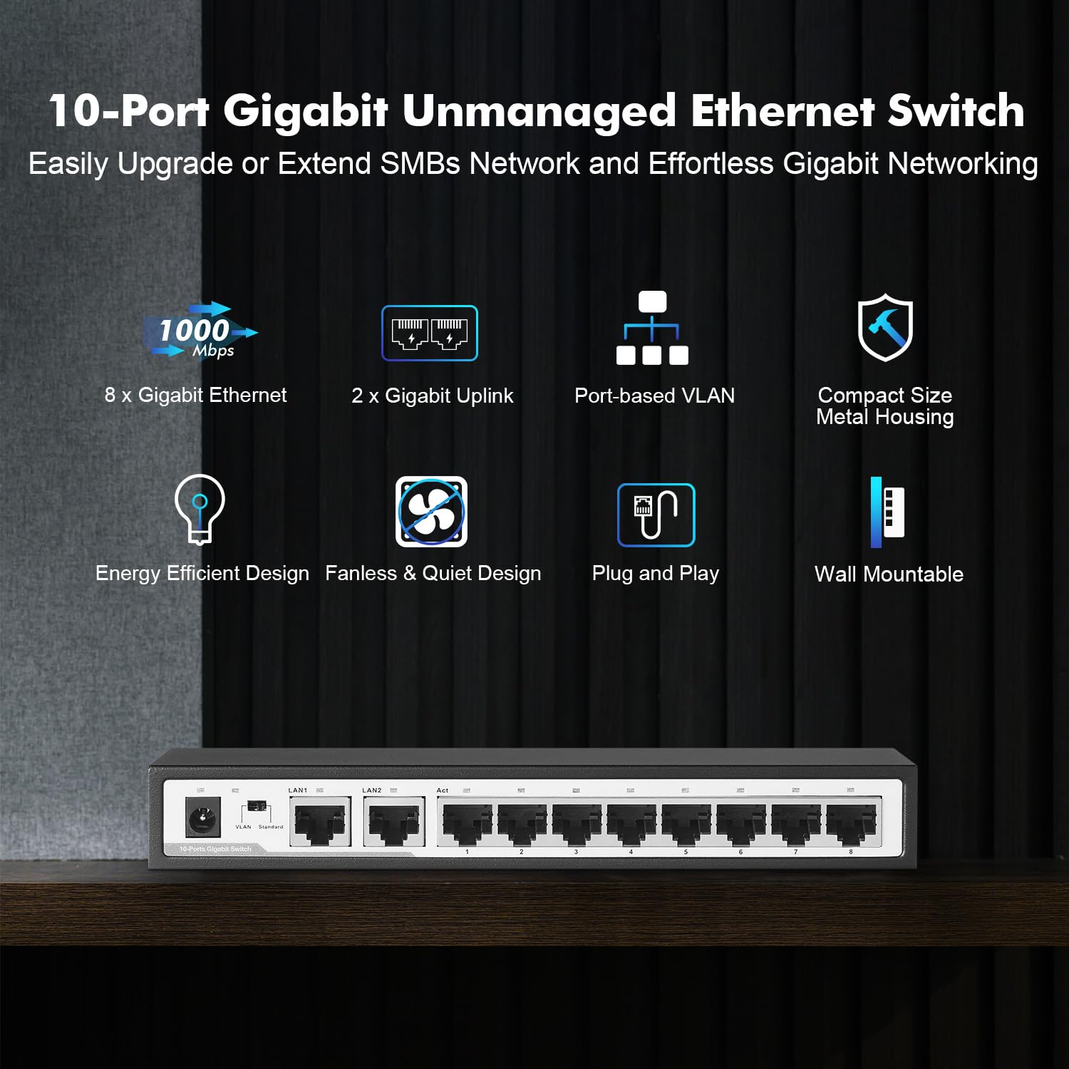 YuLinca 10 Port Gigabit Ethernet Switch, 8 x 100/1000Mbps Ports, 2 Gigabit Uplink, Support Vlan, Metal Fanless Unmanaged Plug and Play