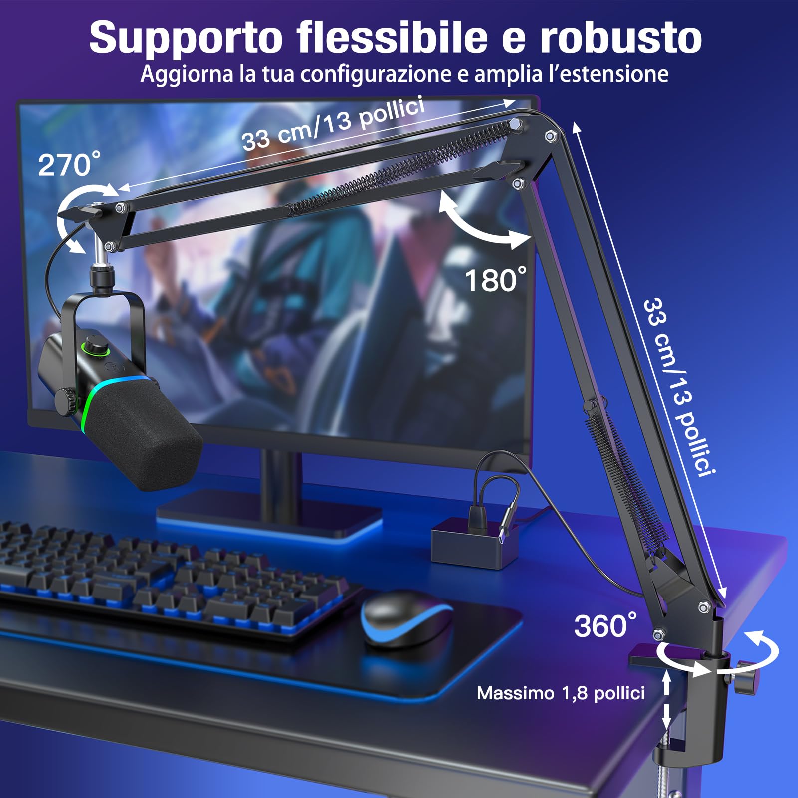 ZealSound Microfono dinamico XLR/USB, microfono per *Phone, Set di microfoni per Telefono PC, microfono con luce RGB, mute, jack per cuffie, supporto con braccio, ASMR/YouTube/Podcast/Streaming/Gaming
