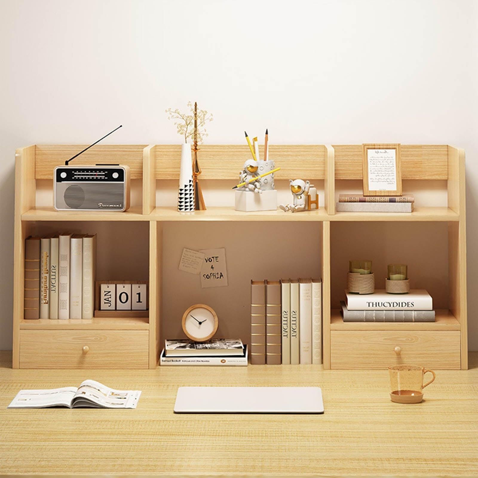 JingNian Étagère De Bureau À Poser, Petite Bibliothèque 2 Niveaux en Bois Et Métal, Rangement Livres Et Fournitures pour Maison Et Bureau(C,80x16x52cm)