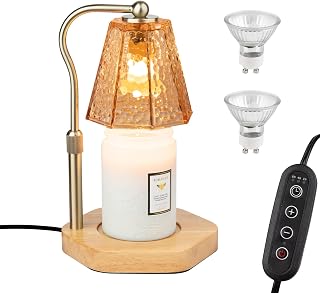 LALISU Candle Warmer Lamp with Timer Glass lampshade Electric Candles Light | Candle Warmer Wood Base Birthday Gifts for Women Mom, House Warming Gifts New Home Decor, Wax Melt Warmers (Wood Glass)