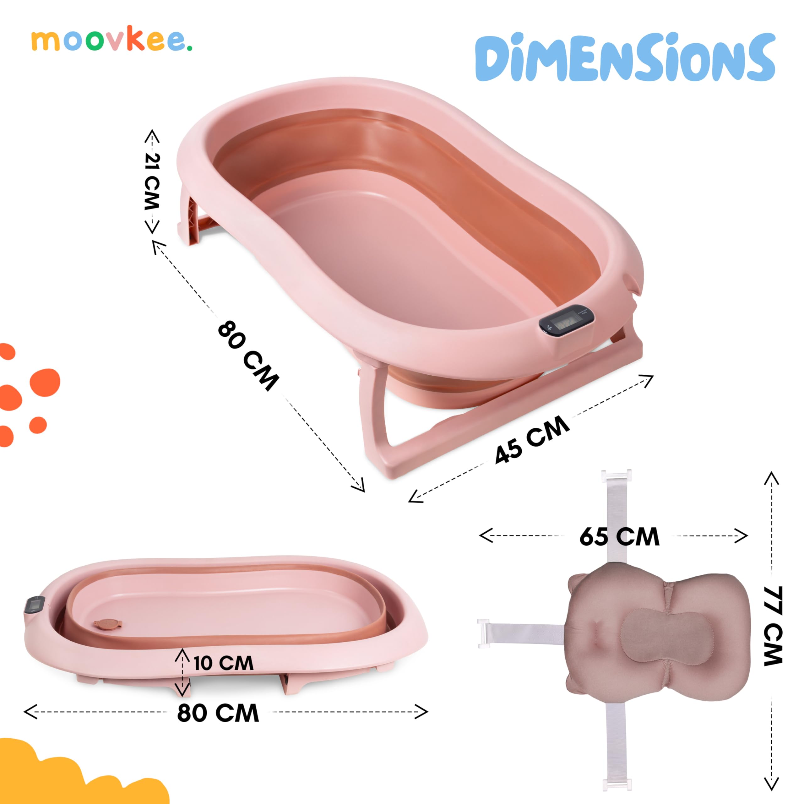 Bañera para bebé de 80 cm, plegable, color rosa oscuro, 0-36 meses | Con termómetro y cojín de baño para bebé para niños Bañera portátil