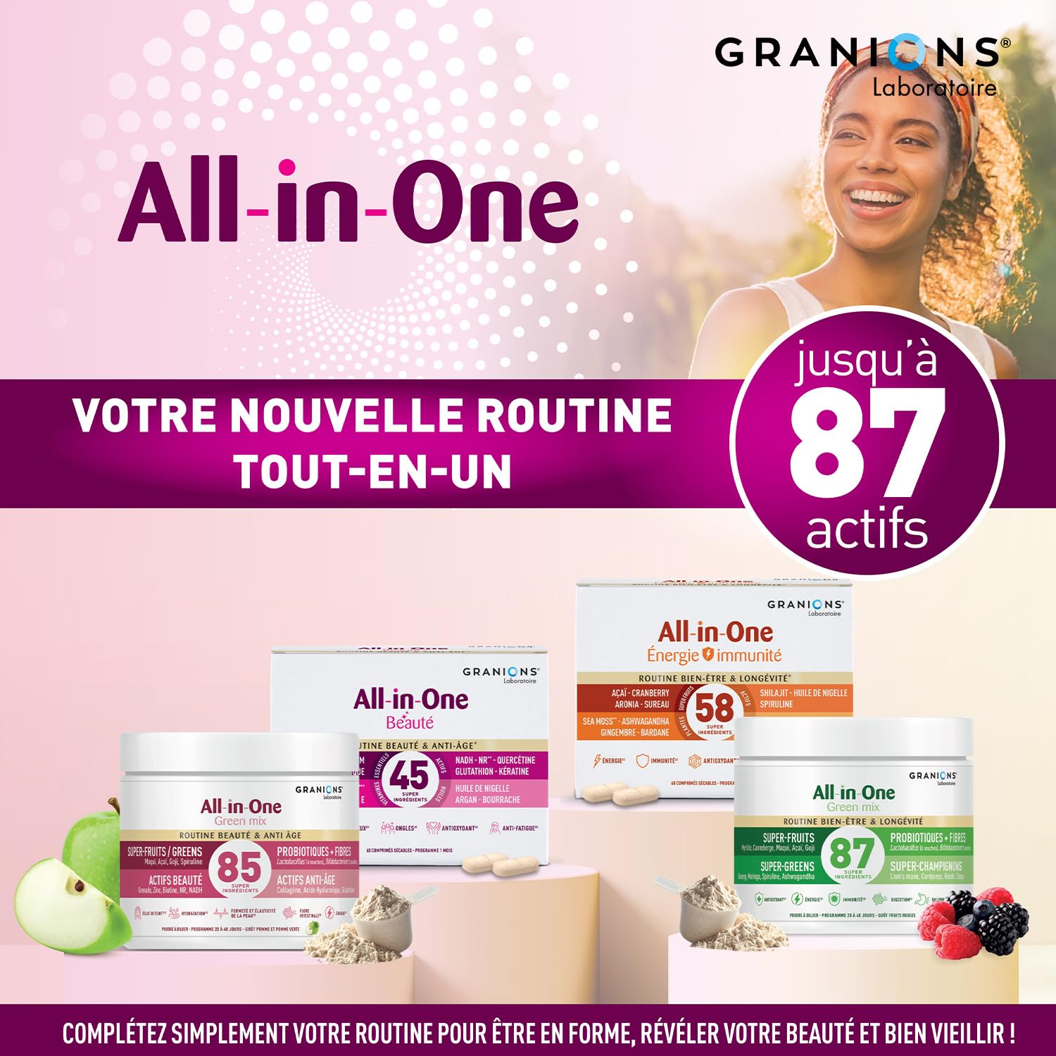 GRANIONS ALL-IN-ONE GREEN MIX BEAUTÉ & ANTI AGE - Collagene Marin - Acide Hyaluronique - Zinc - Biotine - Collagène - Peau, Hydratation & Digestion - Cure 20 à 40j