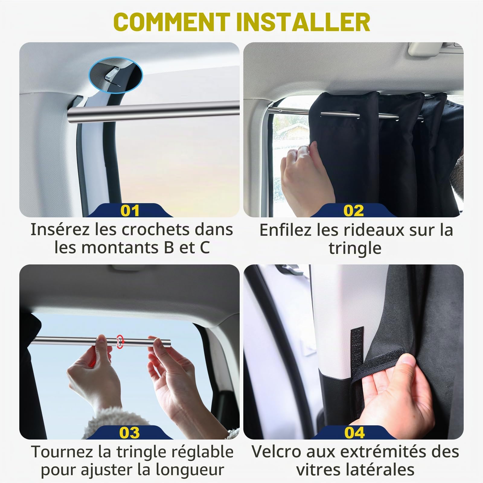 ZATOOTO Rideaux Occultant de Voiture pour Intimité (Lot de 3), Pare Soleil Voiture Arriere en Tissu Oxford avec Tige réglable,Store Protection Solaire Magnétiques pour Camping Car 180x126cm