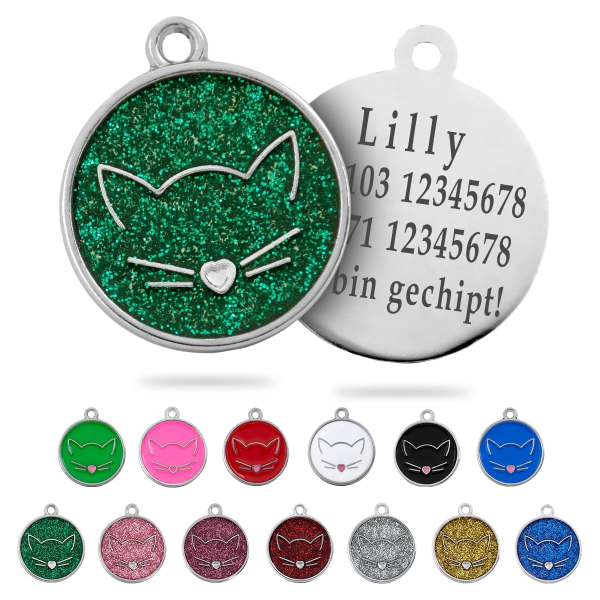 Medaglietta Gatto Personalizzata con Incisione Targhetta Identificativa Rotonda Verde Glitterato