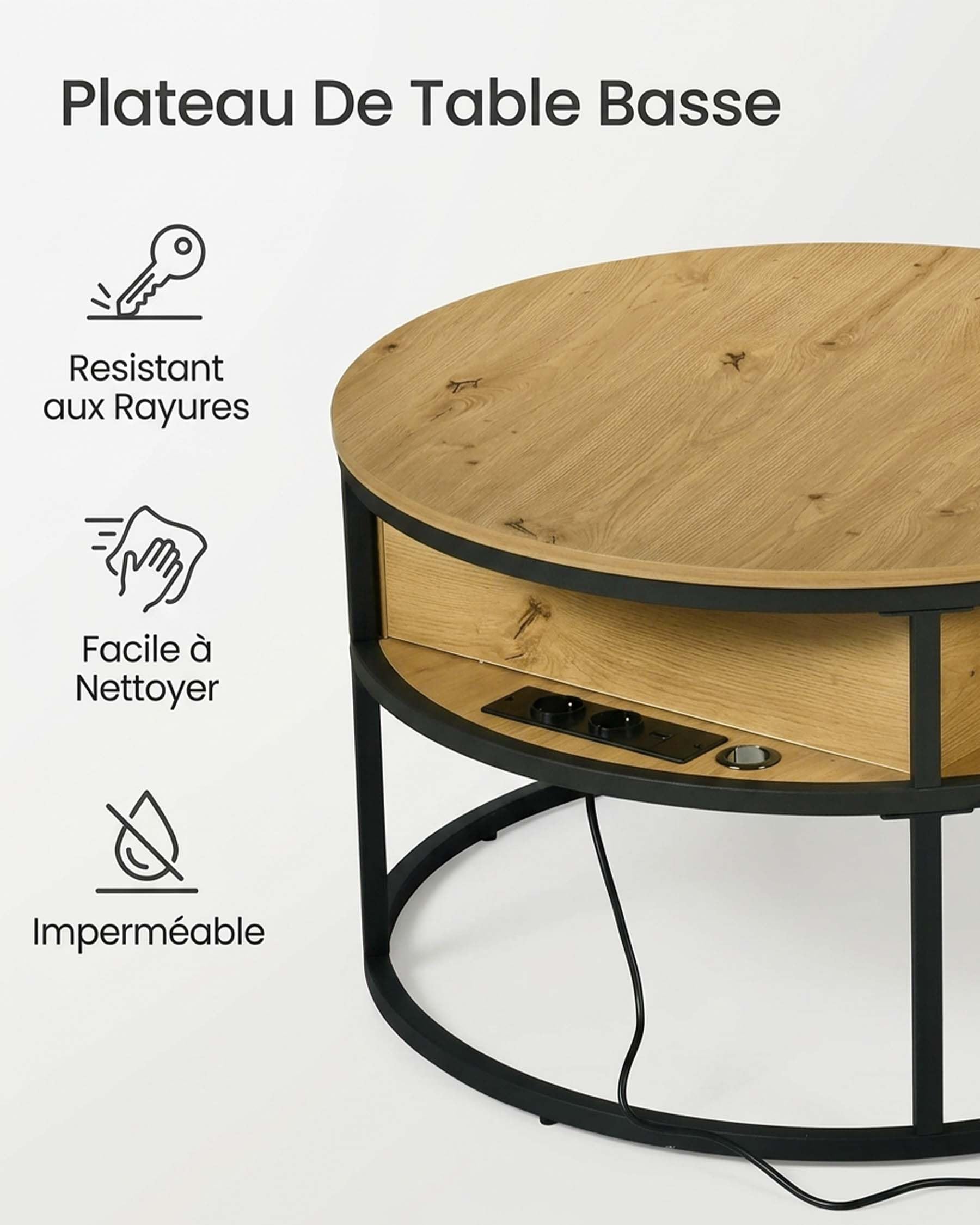 hitsuki Table Basse Relevable avec Rangement Caché, Ronde Salon 80x80x48cm