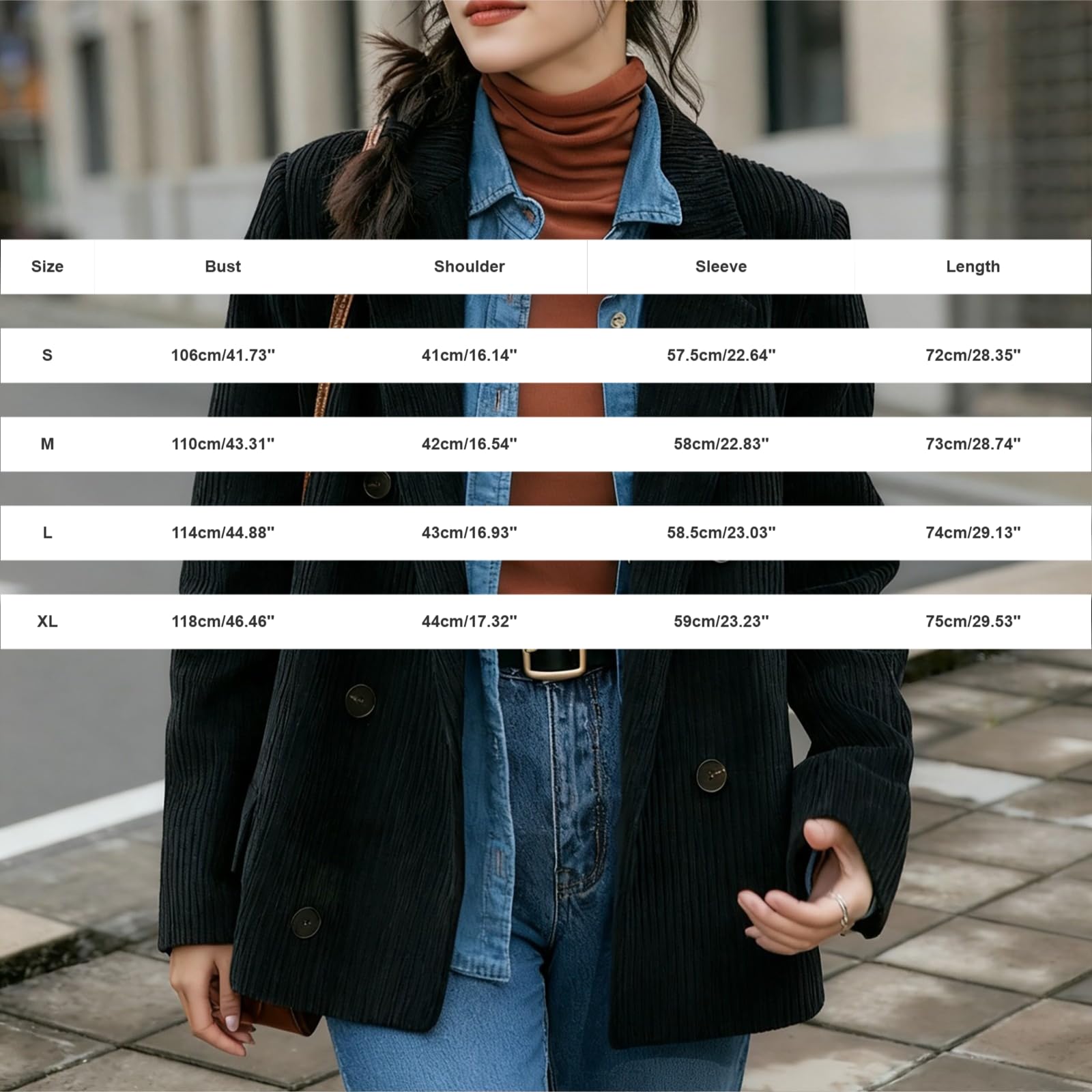 Generisch Blazer traditionnel moderne à double boutonnage en velours côtelé pour femme, cintré, marron, veste de costume, veste d'affaires, veste vintage en velours côtelé, pour le travail, le bureau