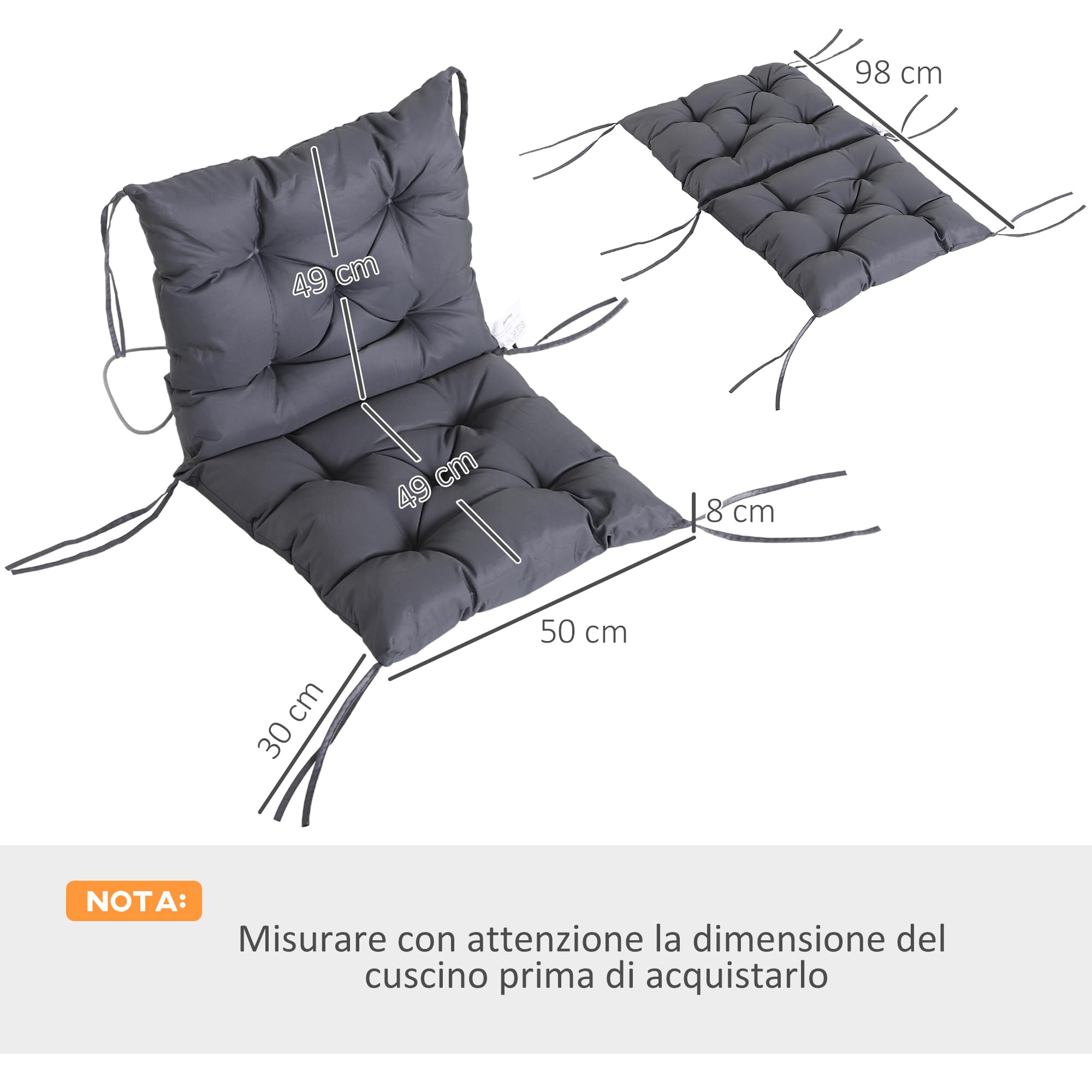 Outsunny Set 2 Cuscini per Sedie da Esterno con Lacci di Fissaggio, Cuscini da Esterno Imbottito in Poliestere e Cotone, per Sdraio Prendisole Poltrona, 50x98x8 cm, Grigio Scuro