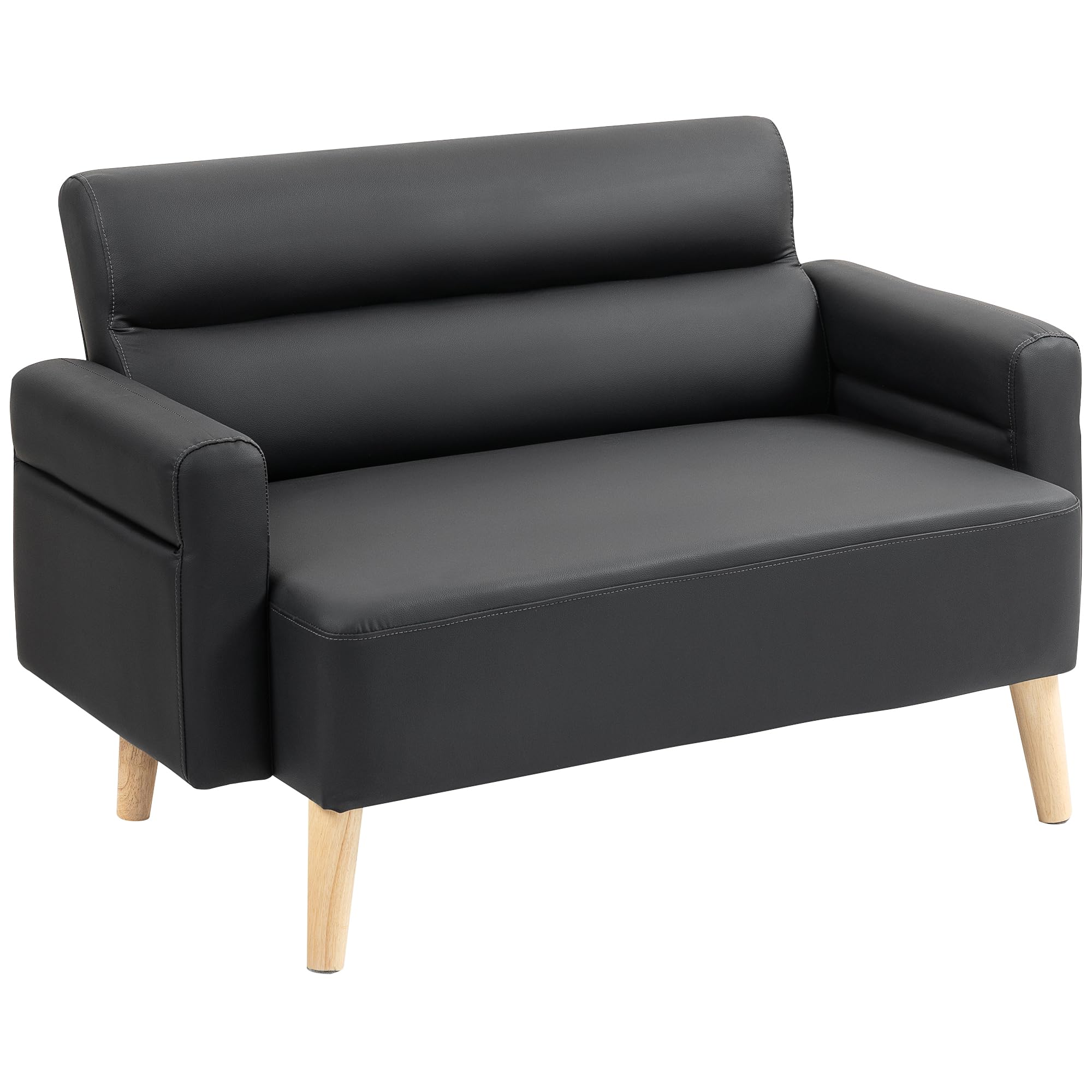 HOMCOM 2 Seater Sofa - Faux Leather Couch - Modern Settee with Wood Legs - Black