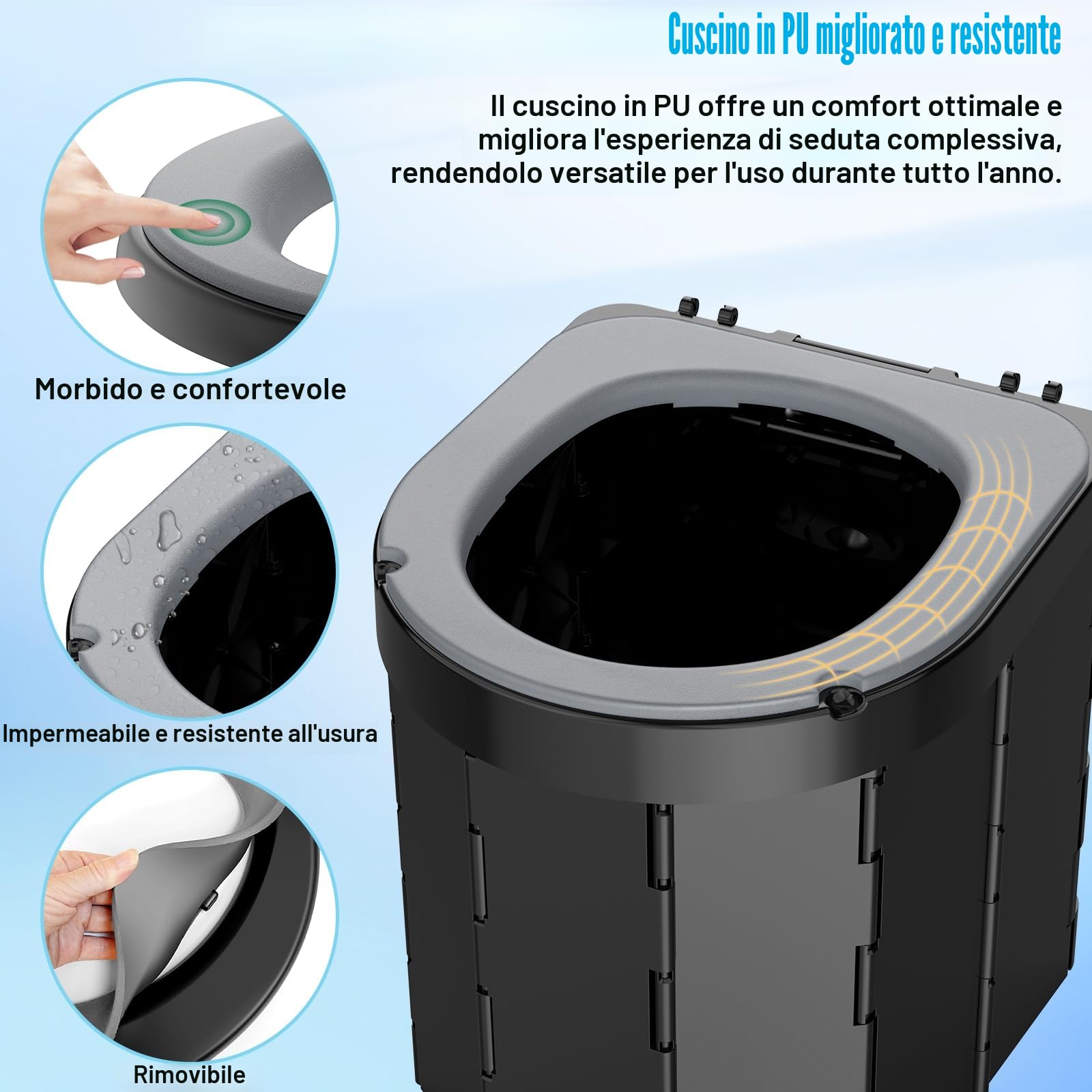 WADEO WC da Campeggio aggiornato, Portatile per Adulti, Pieghevole con Coperchio e portarotolo, Perfetto per Viaggio, Auto (Sedile morbido - Porta telefono)