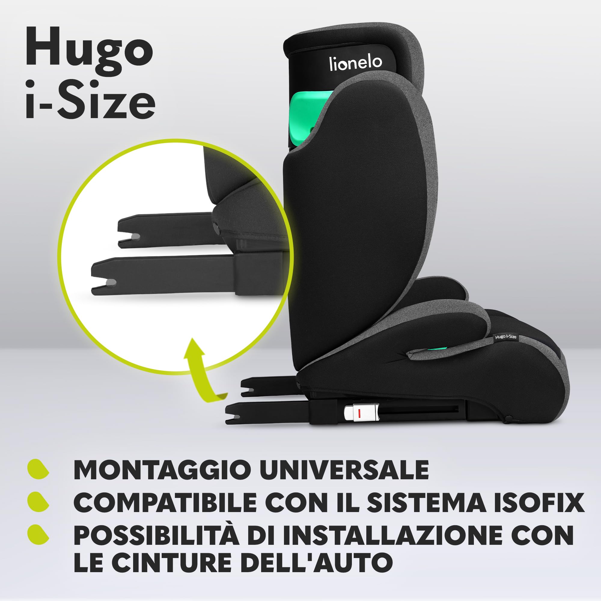 Lionelo Hugo I-size Seggiolino Auto ISOFIX con l'ultima Norma i-Size R129 per bambini Gruppo 2-3 (100-150cm) Poggiatesta a 8 Livelli,Memory Foam,Poggiabraccia,Protezione