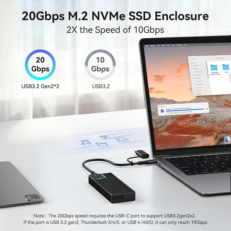 MOKiN 20Gbps M.2 NVMe SSD Enclosure, M.2 Enclosure Drive Reader | SSD to USB Adapter with aluminum case supports USB 3.2 Gen 2x2 & M/B+M Key size 2242/2260/2280.Plug and play