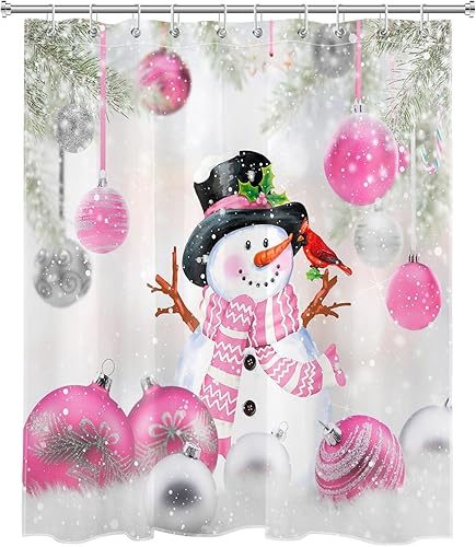 Miniatura 2 de Cortina de ducha de Navidad rosa para baño, bolas de Navidad y muñeco de nieve con cardenal rojo en la nieve, cortina de ducha con 10 ganchos,