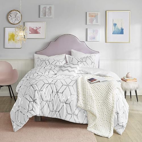 Comfort Spaces Vivian Comforter Set Ultra Soft All Season Lightweight Modern Geometric Glam Metallic Print Bedding, Matching Sham, Decorative Pillow, Twin/Twin XL, Geometric White/Silver
