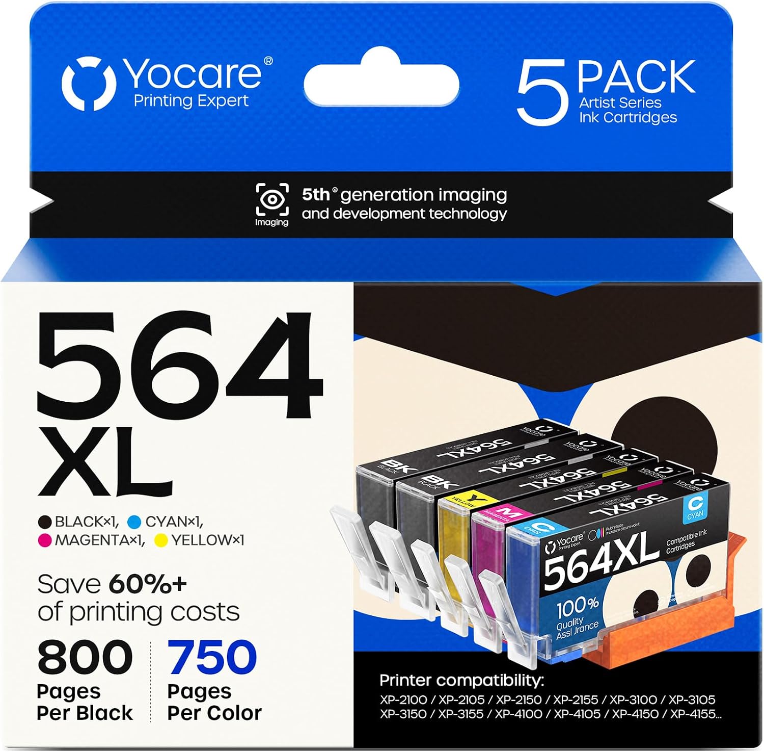 564XL High-Yield Ink Cartridges (5-Pack)| Replacement for HP 564 Combo Pack | Compatible with Photosmart 5520 6520 7510 7520 DeskJet 3520 Premium C309A C410A Printer (BK/PGBK/C/M/Y)