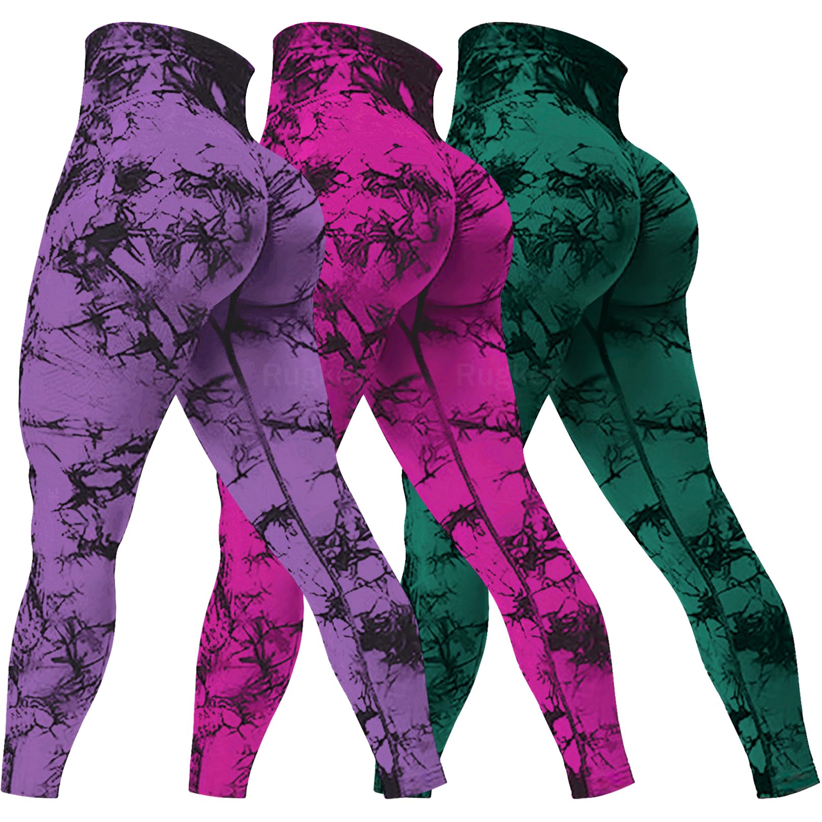 Rugkey Women's 3 Piece Yoga Leggings High Waist Tie Dye Seamless Scrunch Butt Lifting Athletic Booty Pants