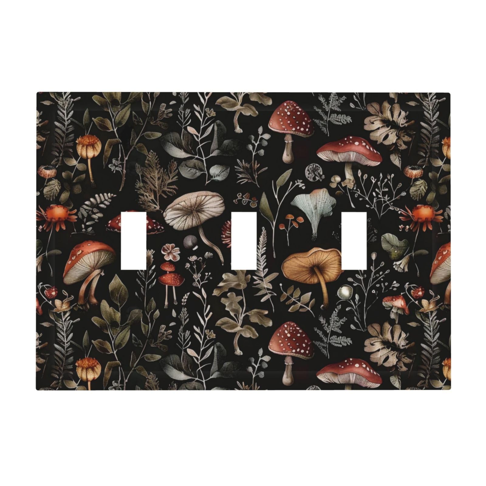 Yamxbfa Dark Vintage Mushroom Botanical Fern Forest Plants 3 Gang Light Switch Covers Decorative Triple Toggle Wall Plate Cover 3 Hole Electrical