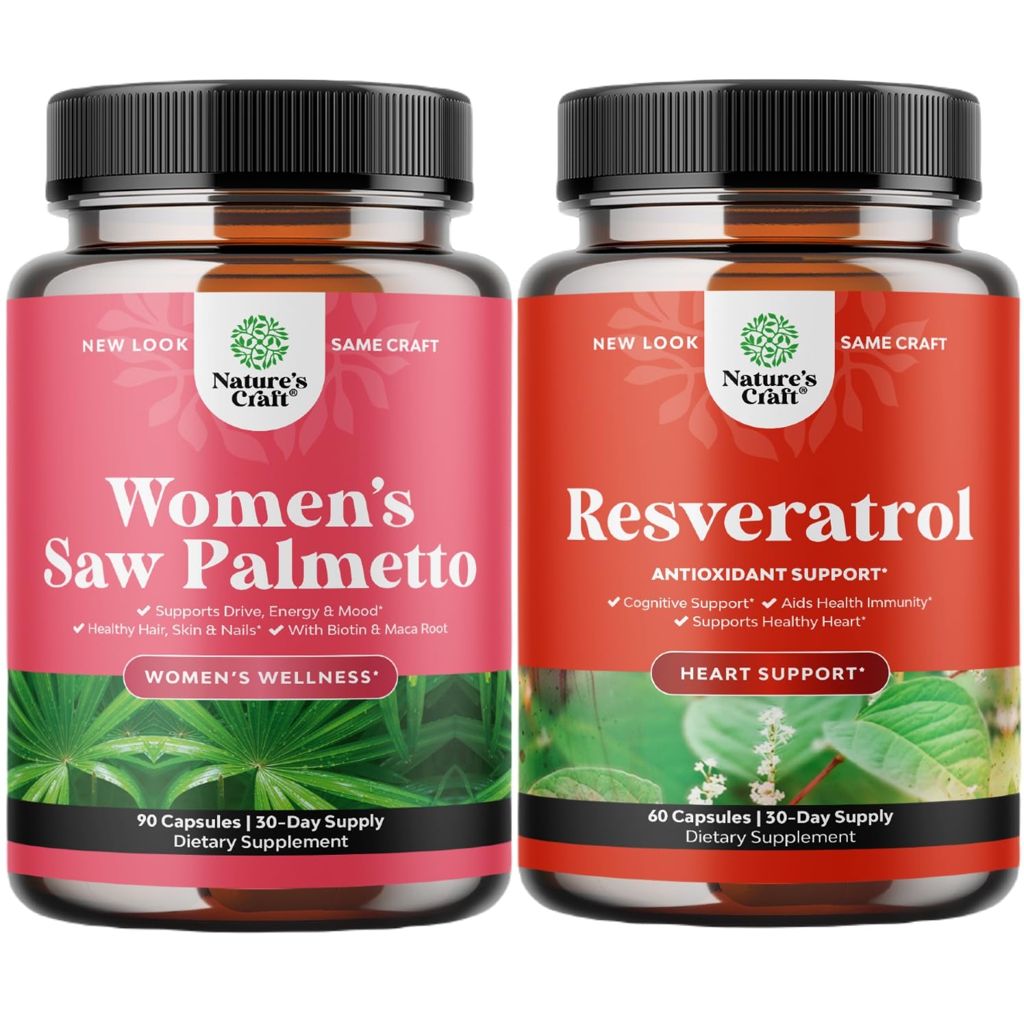 Natures Craft Bundle of Extra Strength Saw Palmetto for Women and Youthful Trans Resveratrol Supplement - DHT Blocker Thickening Hair Vitamins for Hair Loss for Women - Brain Booster Immune Support