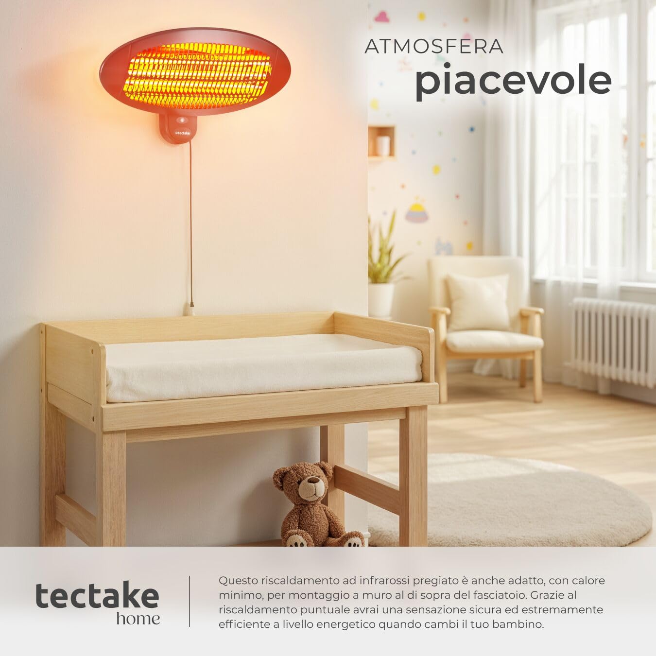 Tectake Riscaldatore a Infrarossi 2000W Lampada Regolabile 3 Livelli Potenza Protezione Anti-Ribaltamento Nero