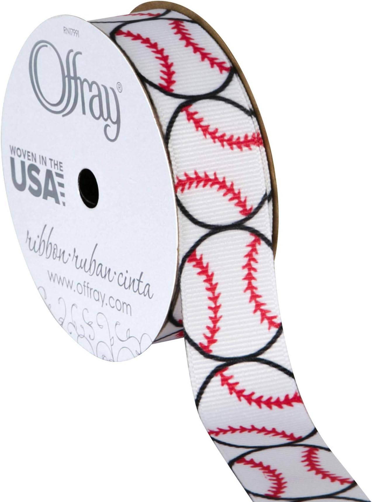 Offray 922163 7/8" Wide Grosgrain Ribbon, Baseball Pattern, 3 Yards