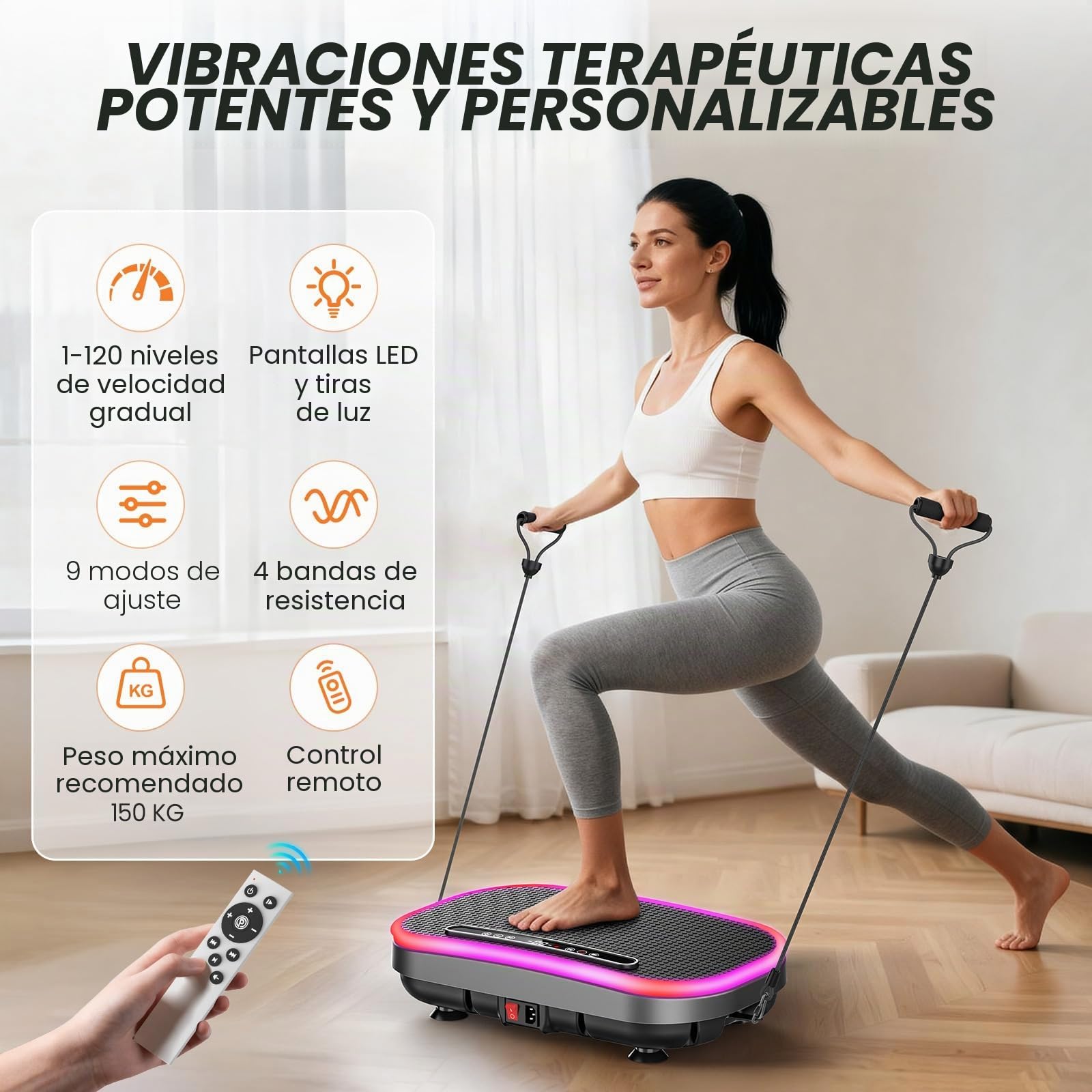 Plataforma Vibratoria, Plataforma Vibración Muscular, 9 Modos Ajustables, 1-120 Niveles De Intensidad, Altavoz Bluetooth Integrado, Control Remoto, Pantalla LED, Capacidad de 150 KG