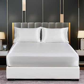 Lirex Satin Fitted Sheet Queen Size Bundle,Includes 14" Deep Pocket Queen Size Fitted Sheet and 2 Pack Queen Size Pillowcase, White