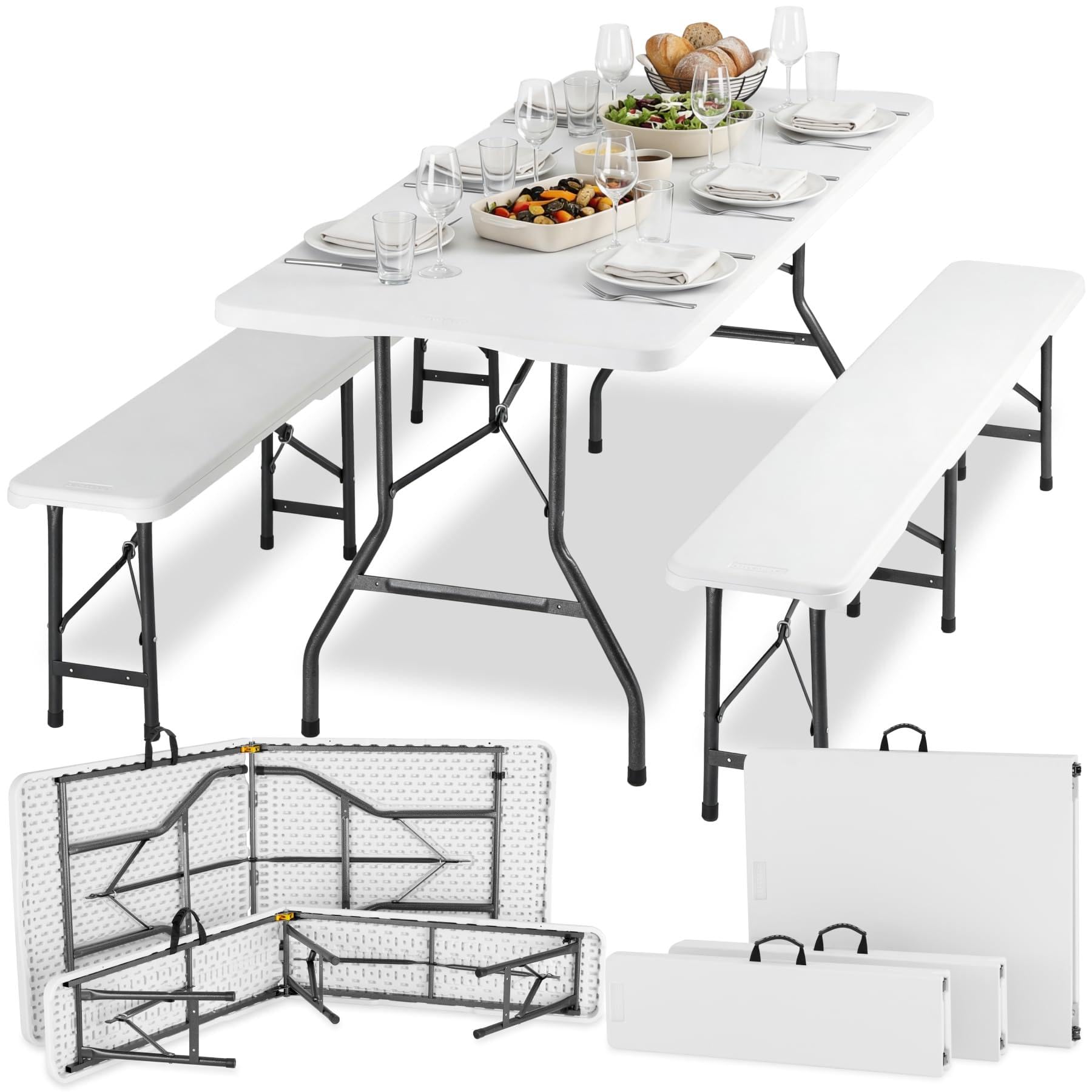 tectake® Ensemble Table de Camping et 2 Bancs, Résistant aux intempéries et Pliable, Table extérieure 180x74x72 cm, Bancs 180x25x43 cm, Mobilier de Camping 8 Personnes, Jardin, Pique-Nique - Blanc