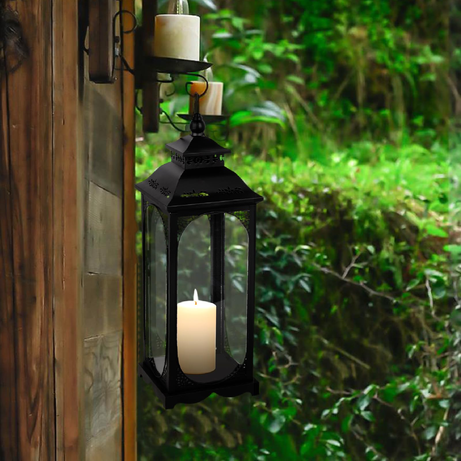 Lot de 2 lanternes, photophore en métal noir pour décoration de bougie, H 34/50 cm Lanterne de tombe extérieure résistante aux intempéries, lanterne de jardin pour l'intérieur Fête de Noël