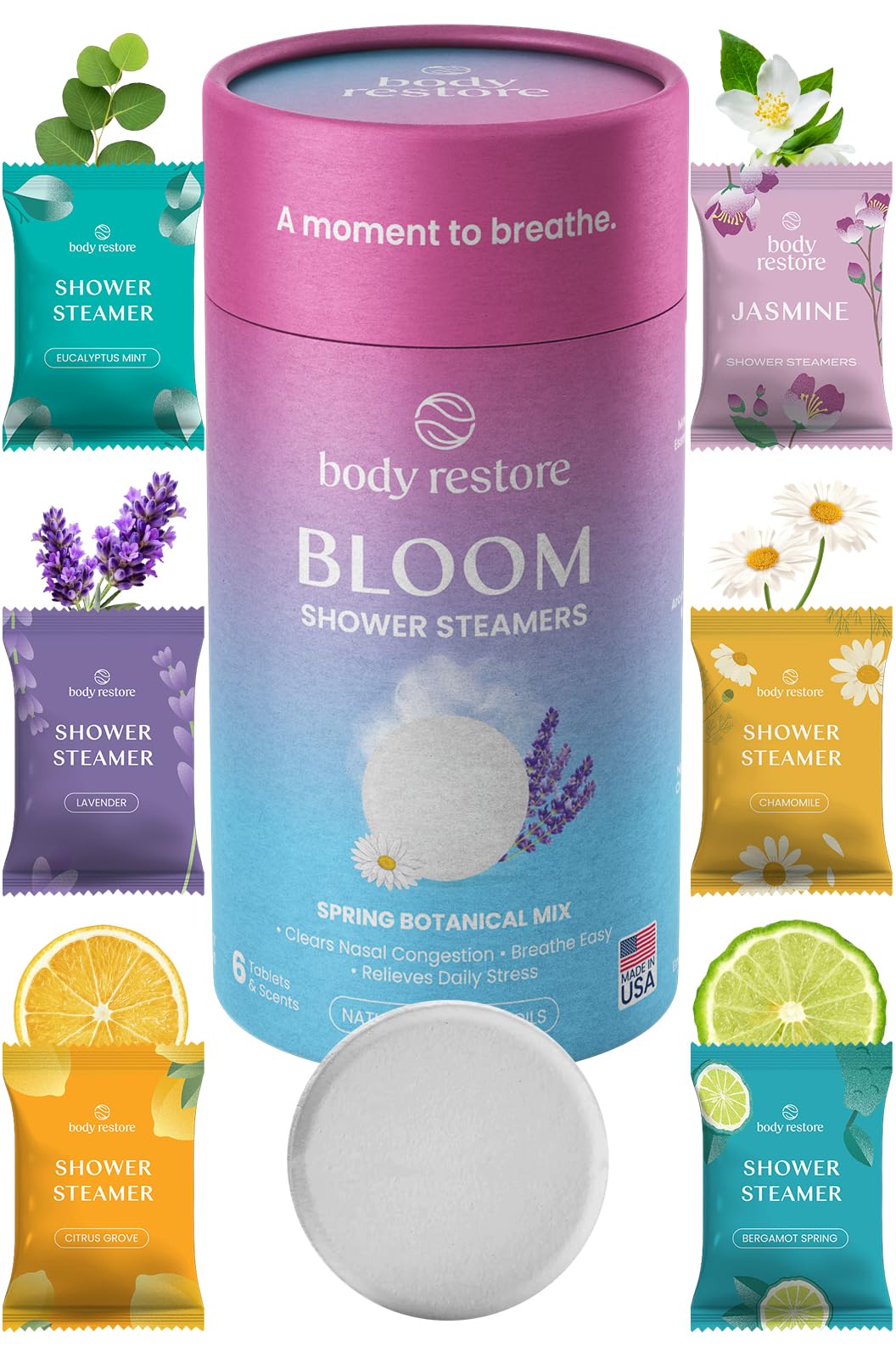 Body Restore Shower Steamers Aromaterapy zestaw 6 sztuk – relaksujące prezenty urodzinowe dla kobiet i mężczyzn, akcesoria podróżne, ulga w stresie i samoopieka - Bloom