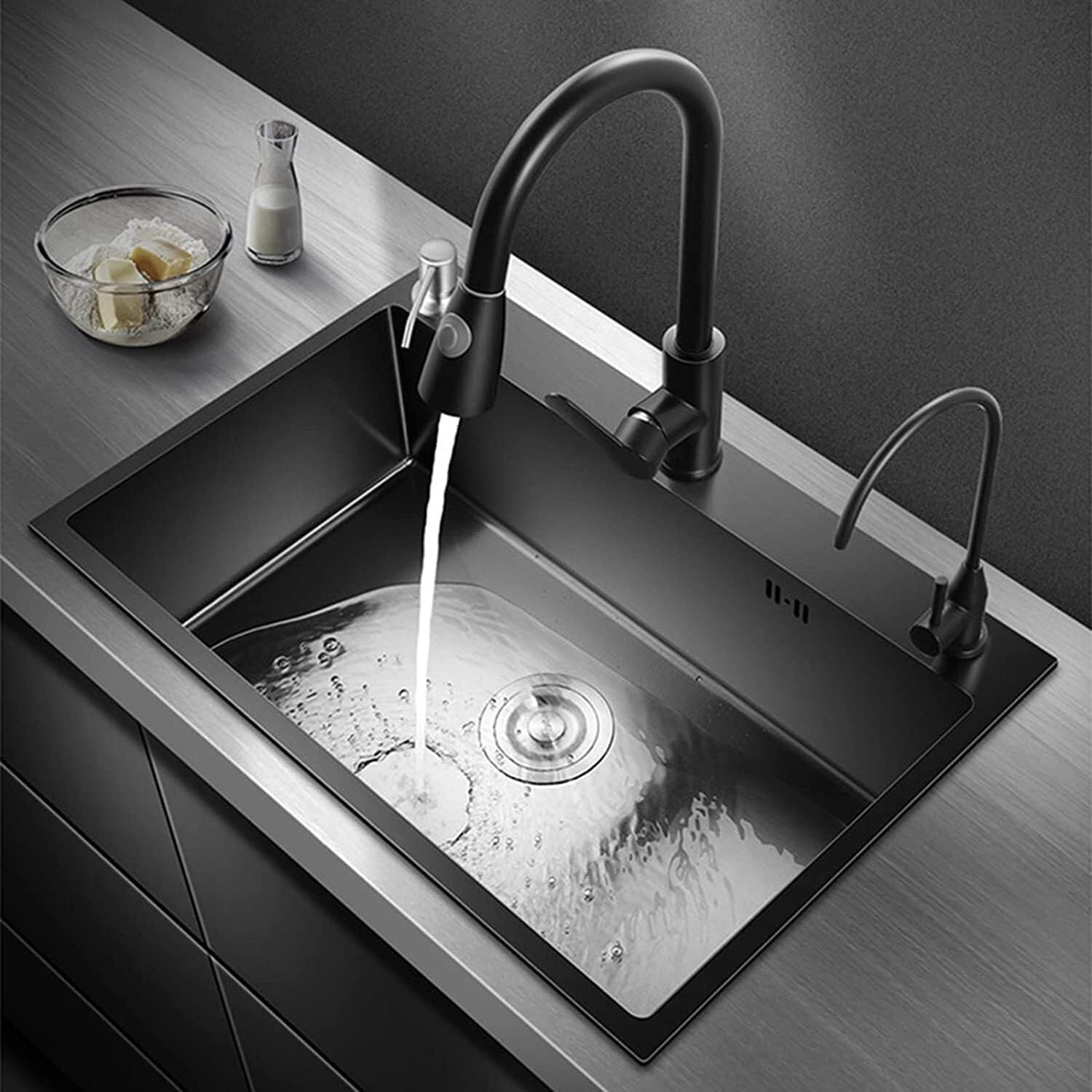 Évier cuisine acier inoxydable noir 68x45 cm avec robinet extractible à cuve unique
