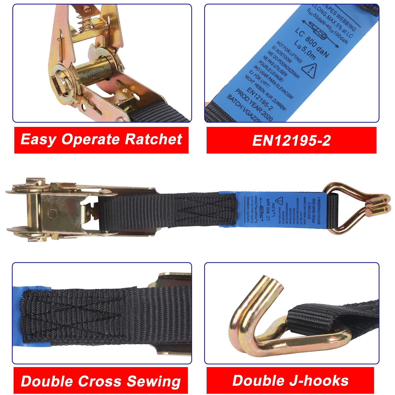 JAKAGO Sangles d’arrimage à cliquet robustes avec crochets, lot de 4, 800 kg, 5 m, sangles réglables pour fourgons, bagages, motos, déménagement, appareils (Noir)