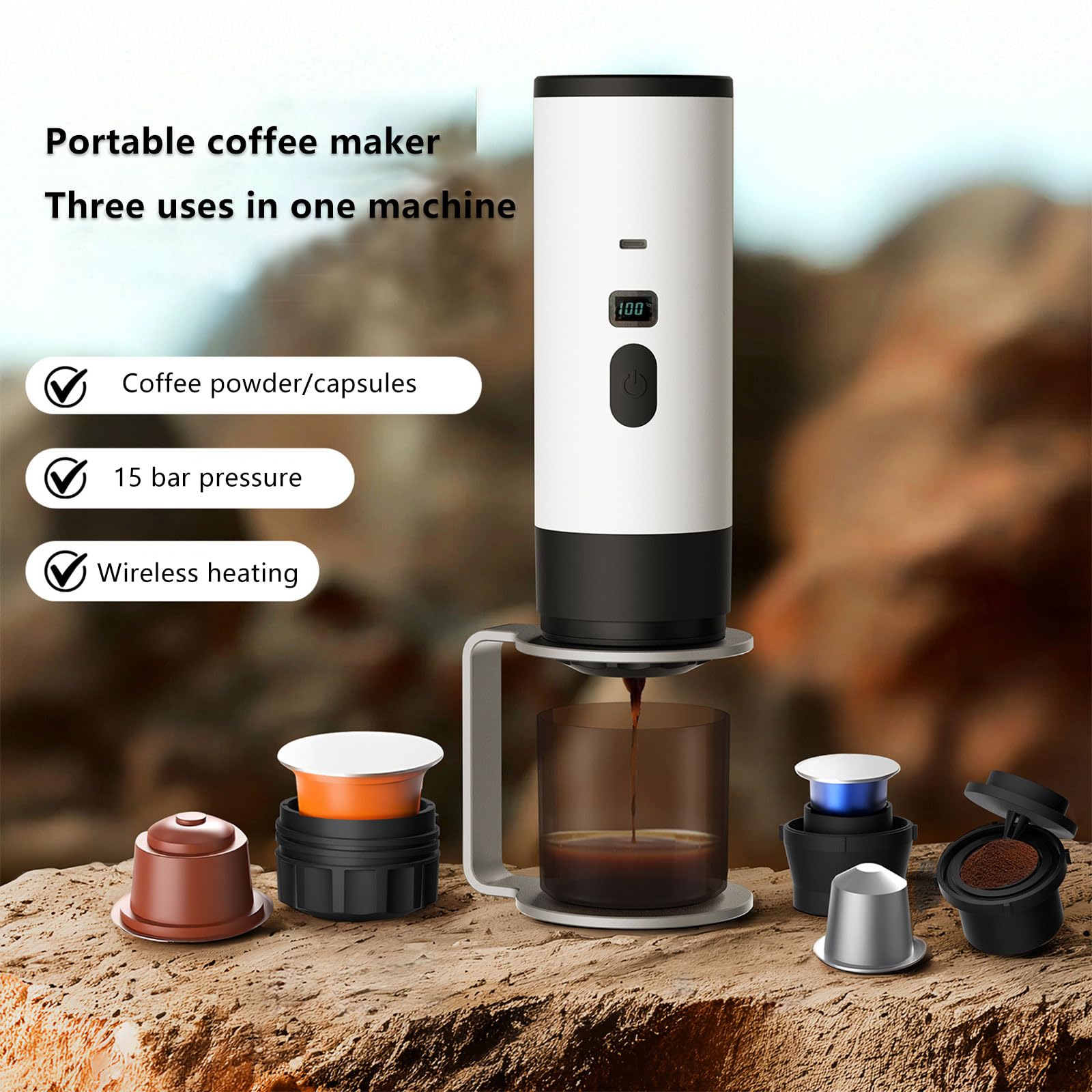 Cafetera portátil 3 en 1 con calentamiento rápido, diseño fácil de viajar, soporta café en cápsulas y molienda fina para café recién hecho en cualquier momento