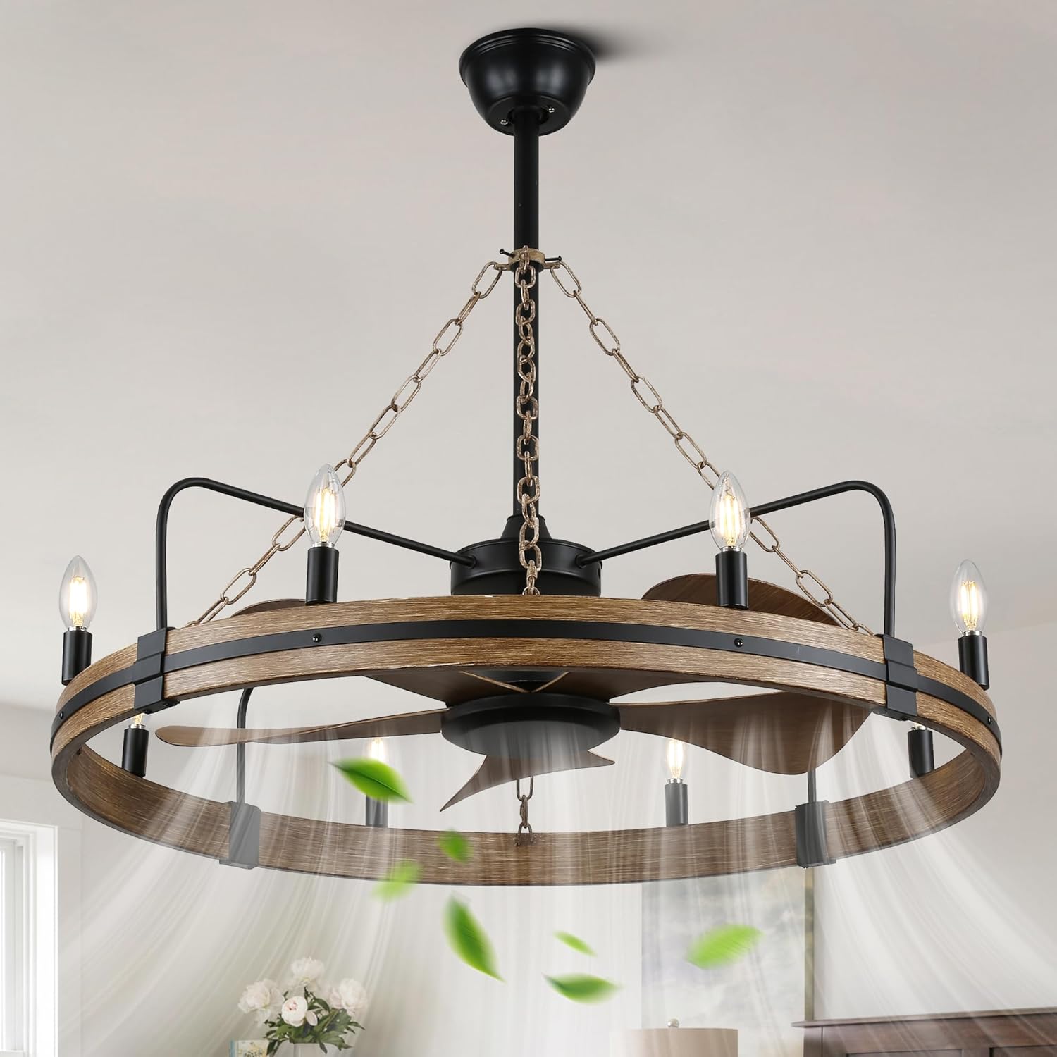 Bella Depot 36" Farmhouse Ceiling Fan with Light - Wagon Wheel Fandelier, 8-Light Rustic Chandelier Fan, Remote Control, for Bedroom Kitchen Dining Room (Bulbs Not Included)