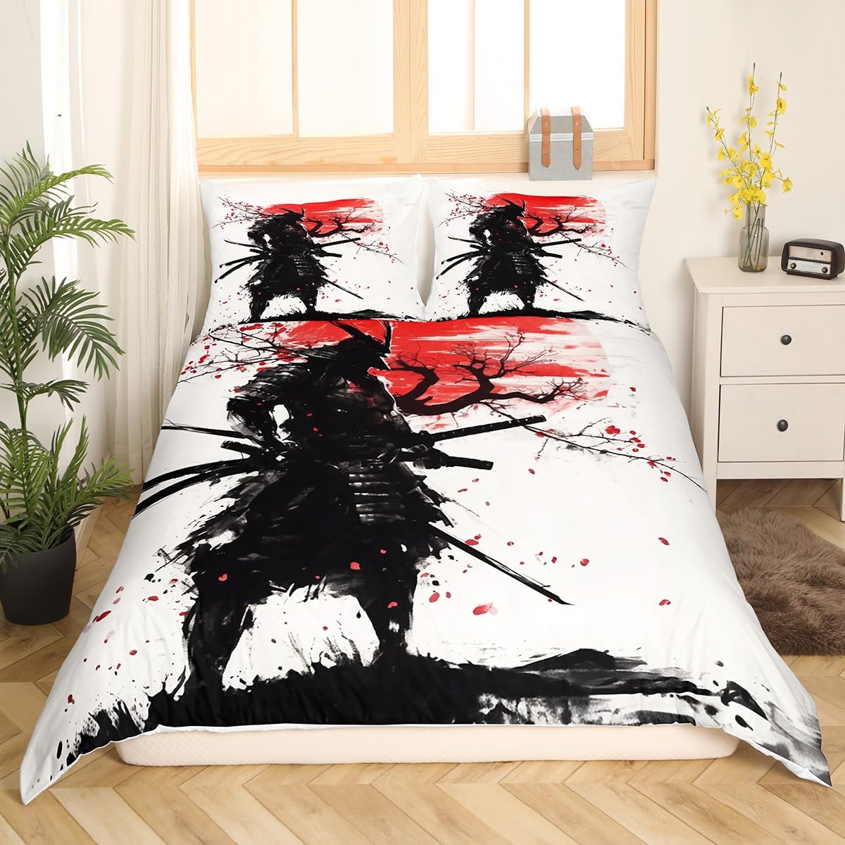 Japanese Samurai Bedding Set,Cartoon Duvet Cover for Kids Teens,Ink Art Comforter Cover Decorative Room,Japanese Style Quilt Cover with 2 Pillowcases,Super King Size(No Comforter)