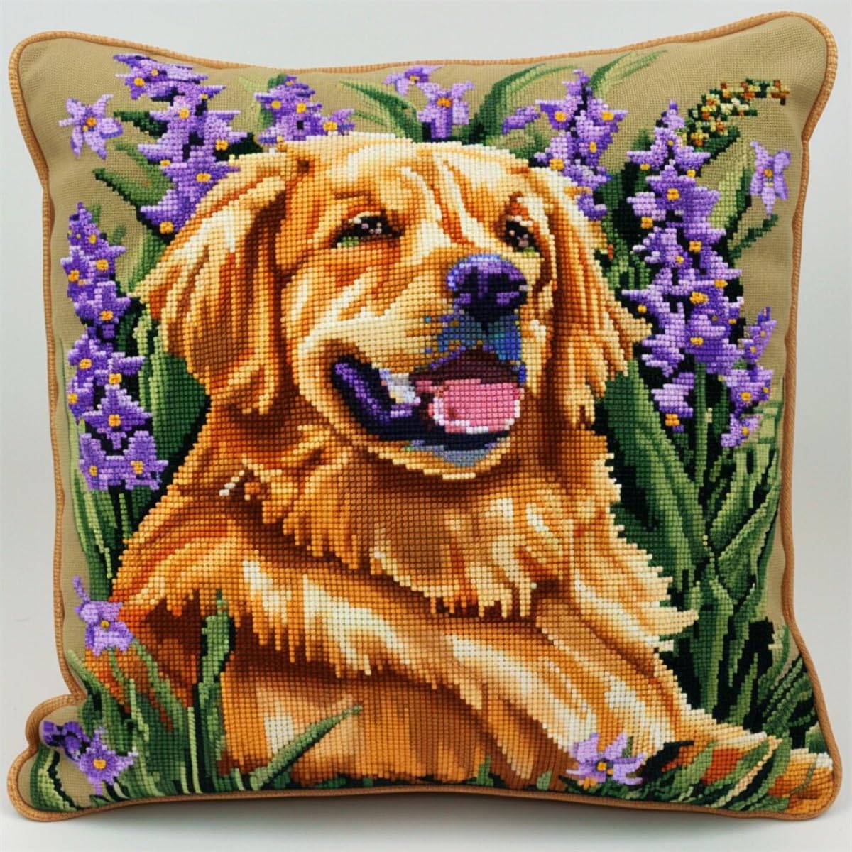 ORLUMY Golden Retriever Animal Latch Hook Kits Dog and Flowers DIY Latch Hook Kits Latch Hook Kit Hanging Needlework Pillow Cover Latch Hook Carpet Kit 43x43cm