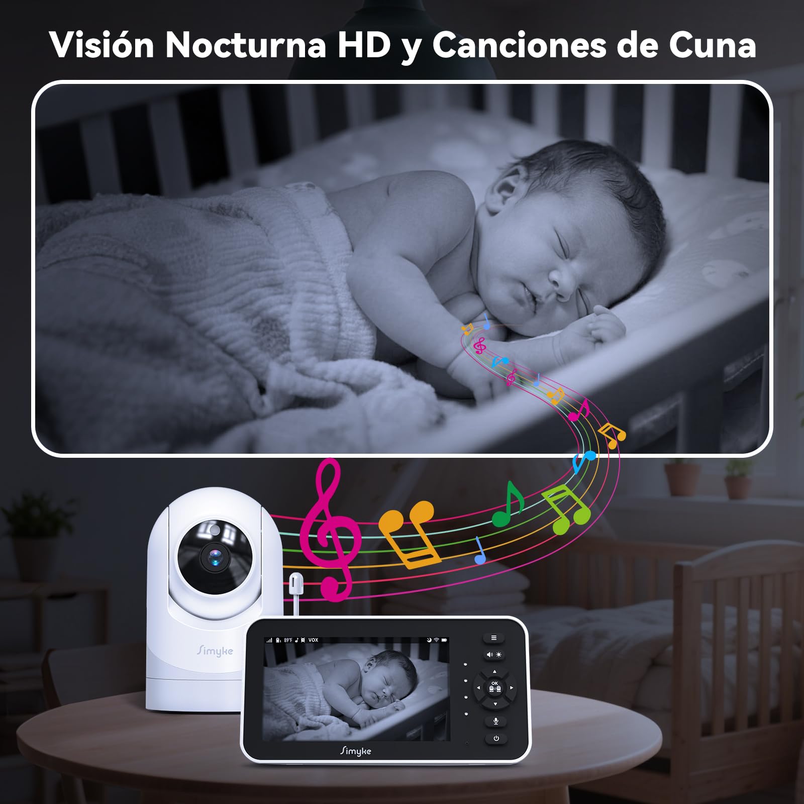 Simyke Monitor de video para bebé con cámara y audio, pantalla de 12,7 cm, 720P, sin wifi o modo de aplicación gratuita, Pan-Tilt-Zoom, canciones de cuna, recordatorio de alimentación, visión nocturna