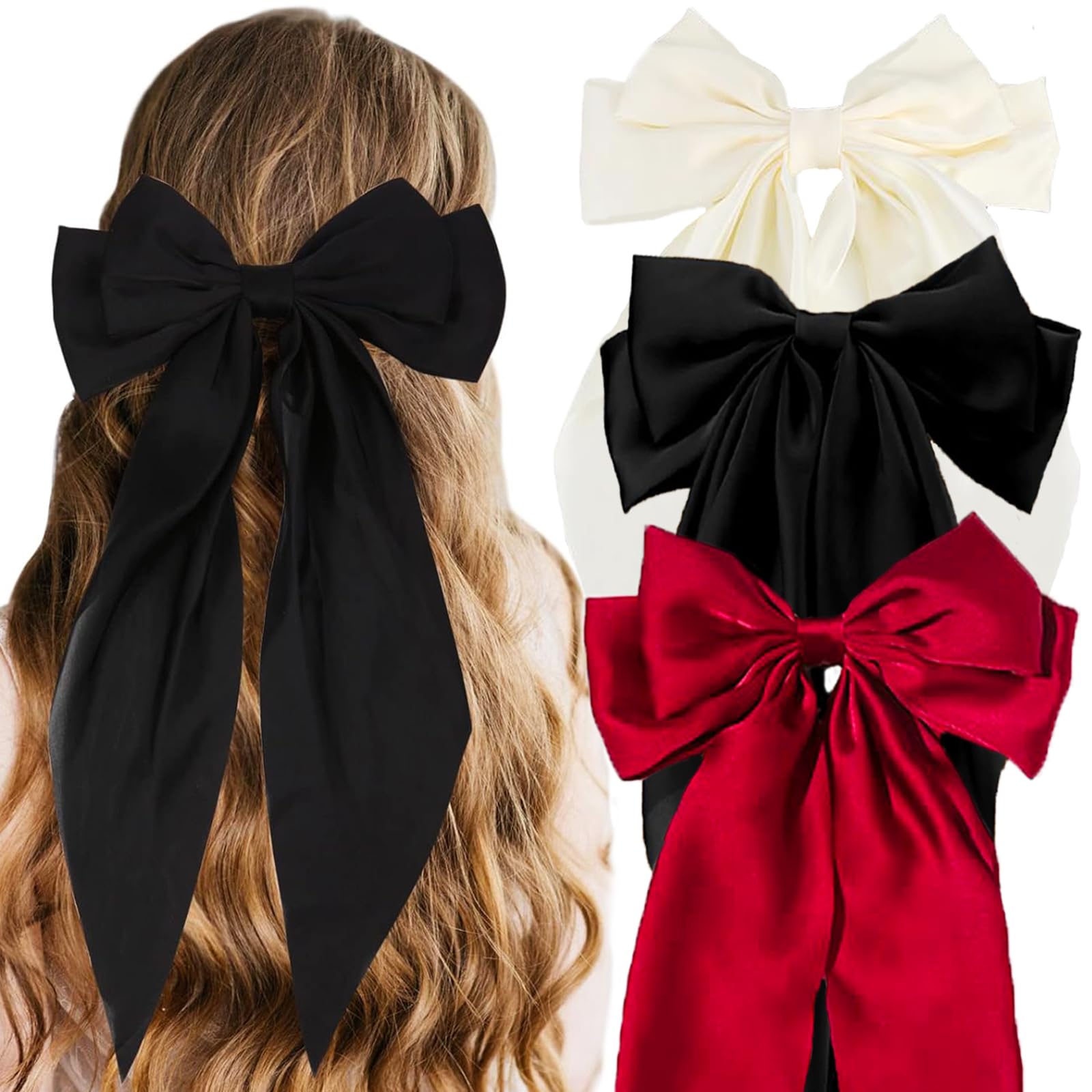 3 Pcs Big Hair bow,Hair Bows for Women, Bow Hair Clip, Elegant Solid Color French Barrette Bows For Hair With Soft Long Silky Satin Hair Barrettes Accessories Bow Hair Clips for Women Girls