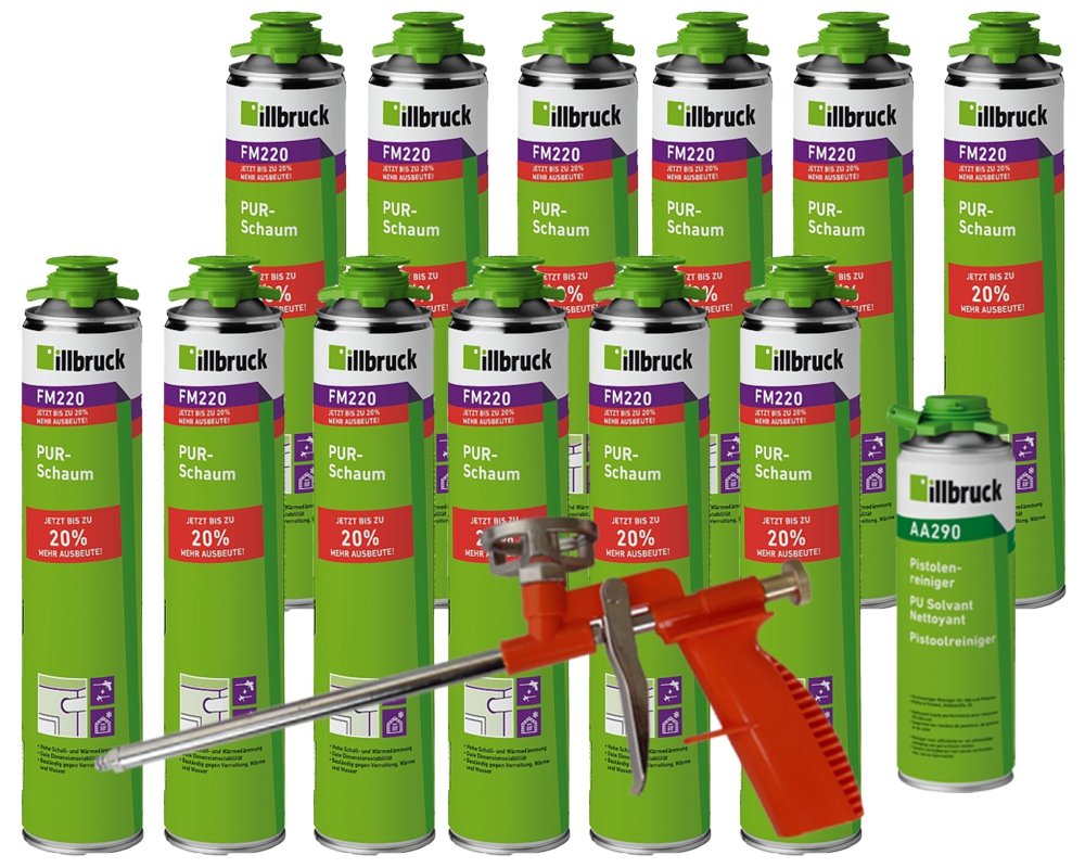 illbruck Profi Set FM220 Montageschaum – 12 Dosen à 750 ml inkl. Reiniger AA290 und Kompaktschaumpistole