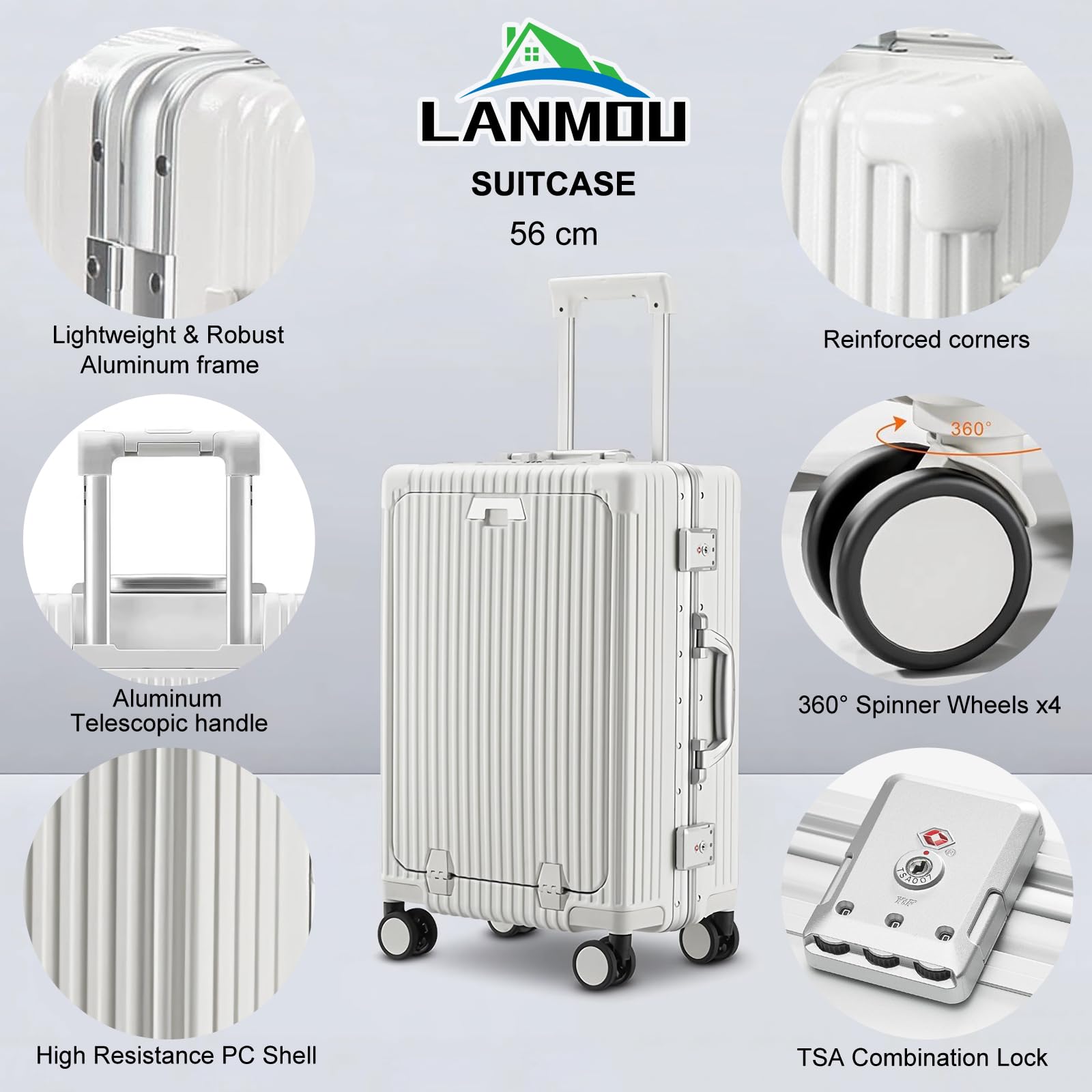 LANMOU Maleta de Cabina 20″, Marco de Aluminio + PC, Puerto USB, Blanco | Maleta Cabina Rígida 56×35×23 cm con 4 Ruedas, Cerradura TSA