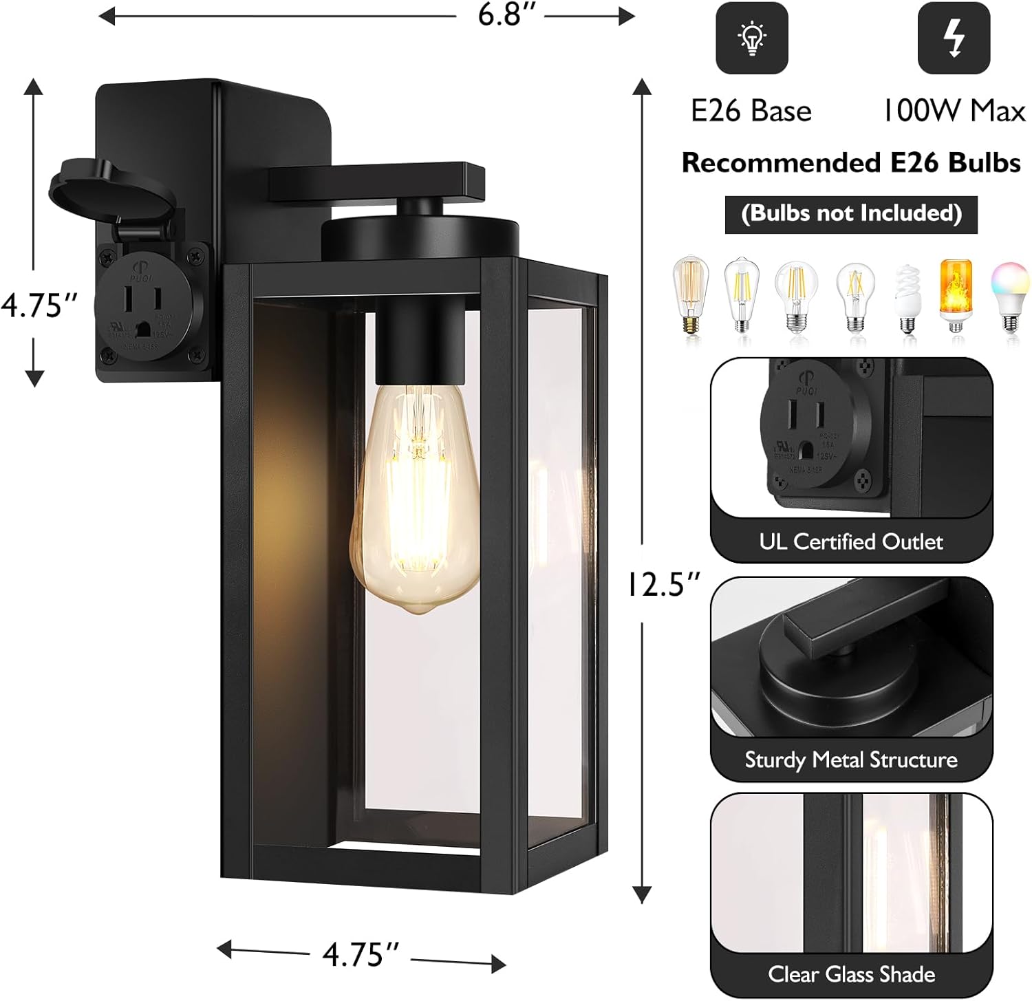 Diagram showing the dimensions of the BesLowe outdoor wall light (12.5 inches high, 4.75 inches wide, 6.8 inches deep) and indicating E26 base, 100W max, UL certified outlet, sturdy metal structure, and clear glass shade.