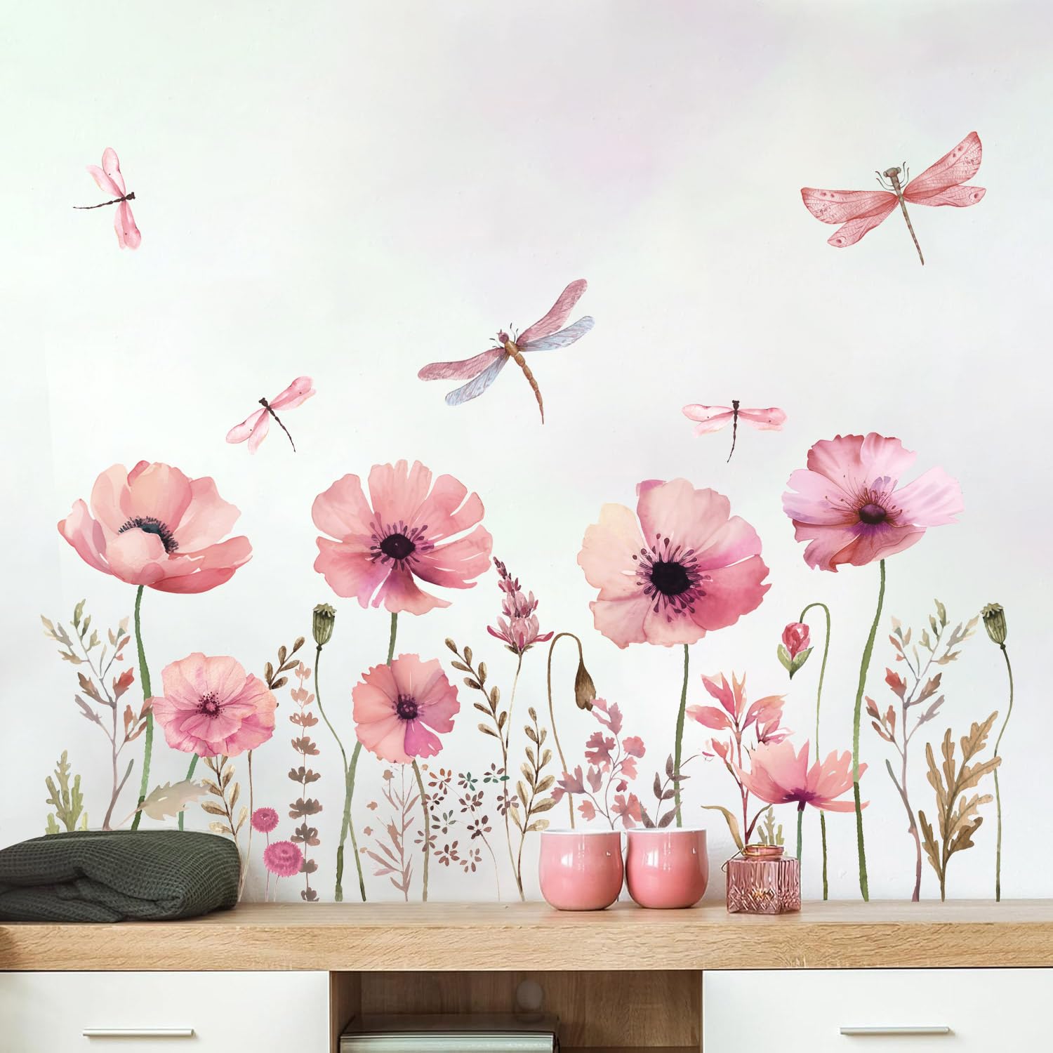 HPNIUB Pink Blossom Flower Wall Stickers for Bedroom,Pink Floral Wall Decals for Living Room,Dragonfly Plants Leaf Wall Art Stickers for Kids Nursery Decoration - Image 2